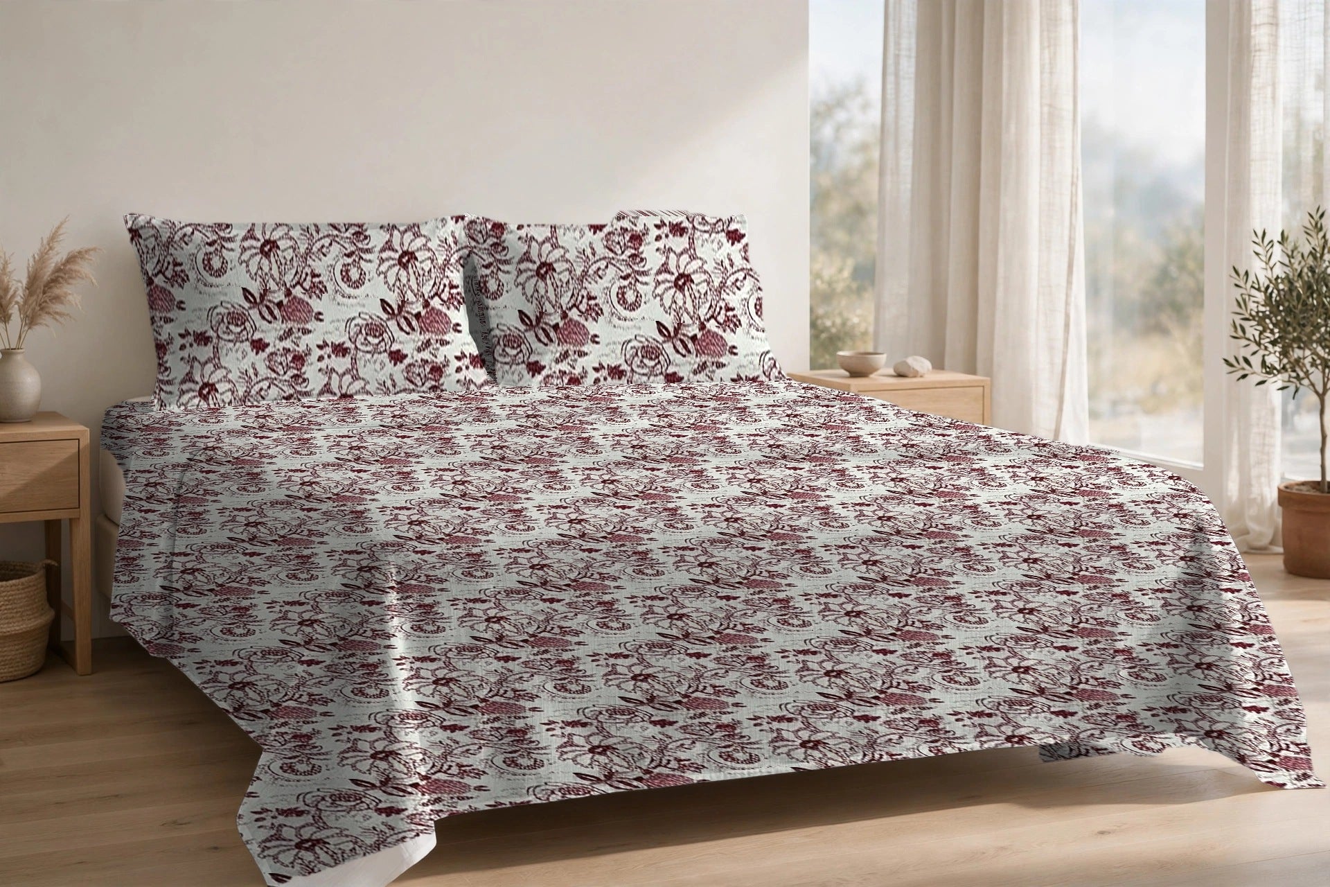 Rani Bagh Gulkand cotton bedsheet on a made king bed, with matching pillow covers