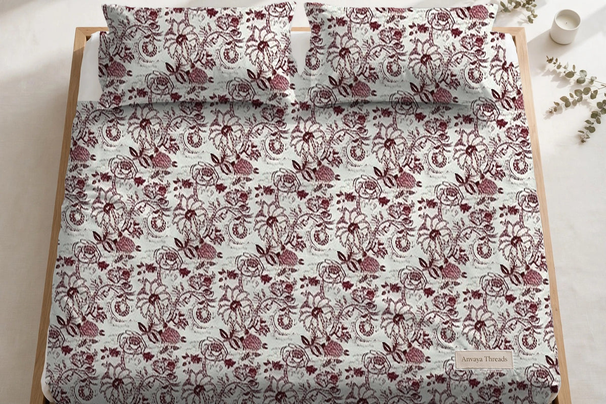 Rani Bagh Gulkand bedsheet seen from above, with the pillow covers at the head of the bed