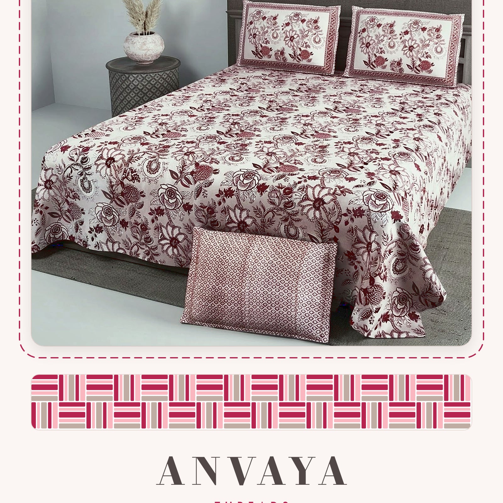 Rani Bagh Gulkand bedsheet set, a flat sheet and two pillow covers, on a bed