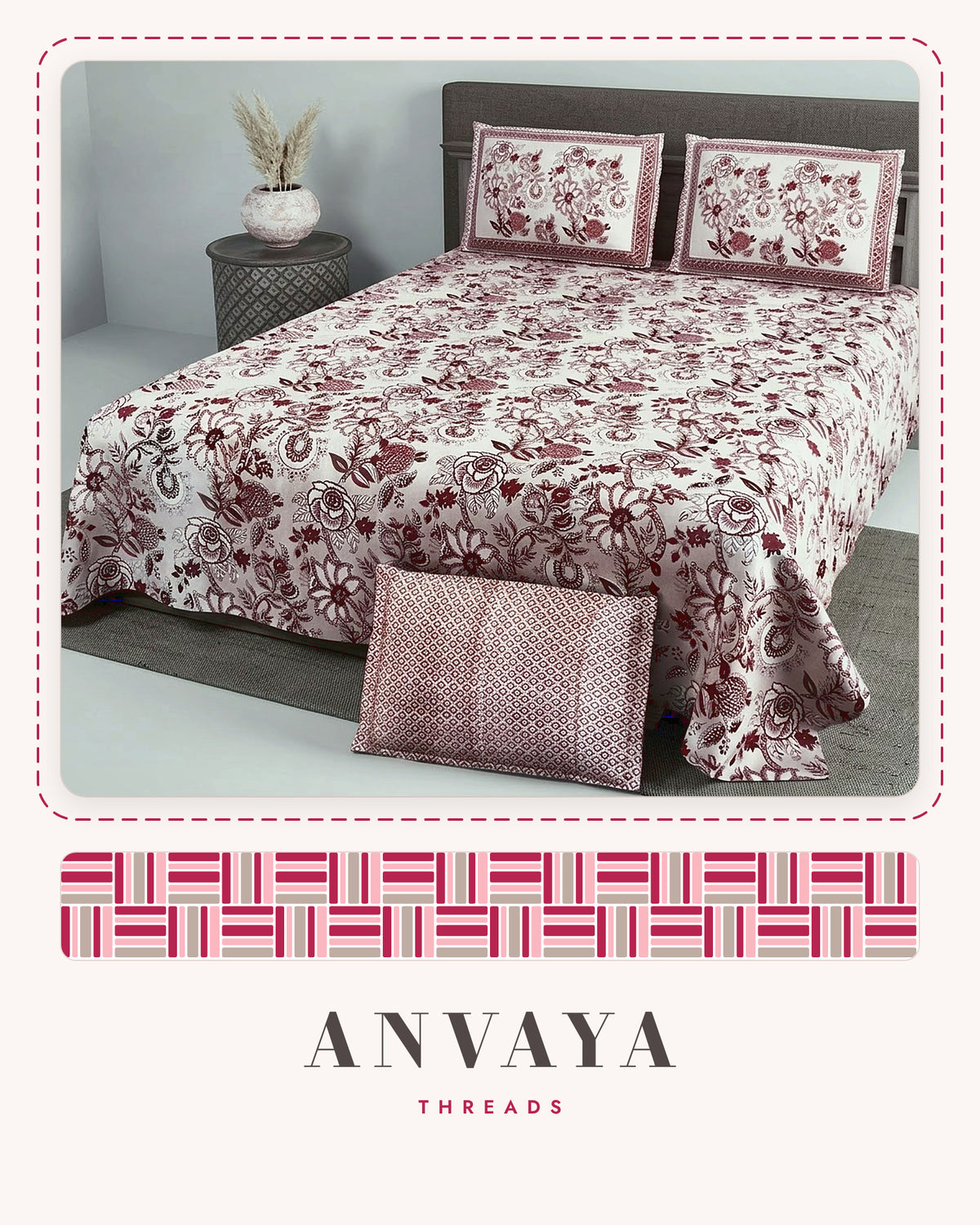 Rani Bagh Gulkand bedsheet set, a flat sheet and two pillow covers, on a bed