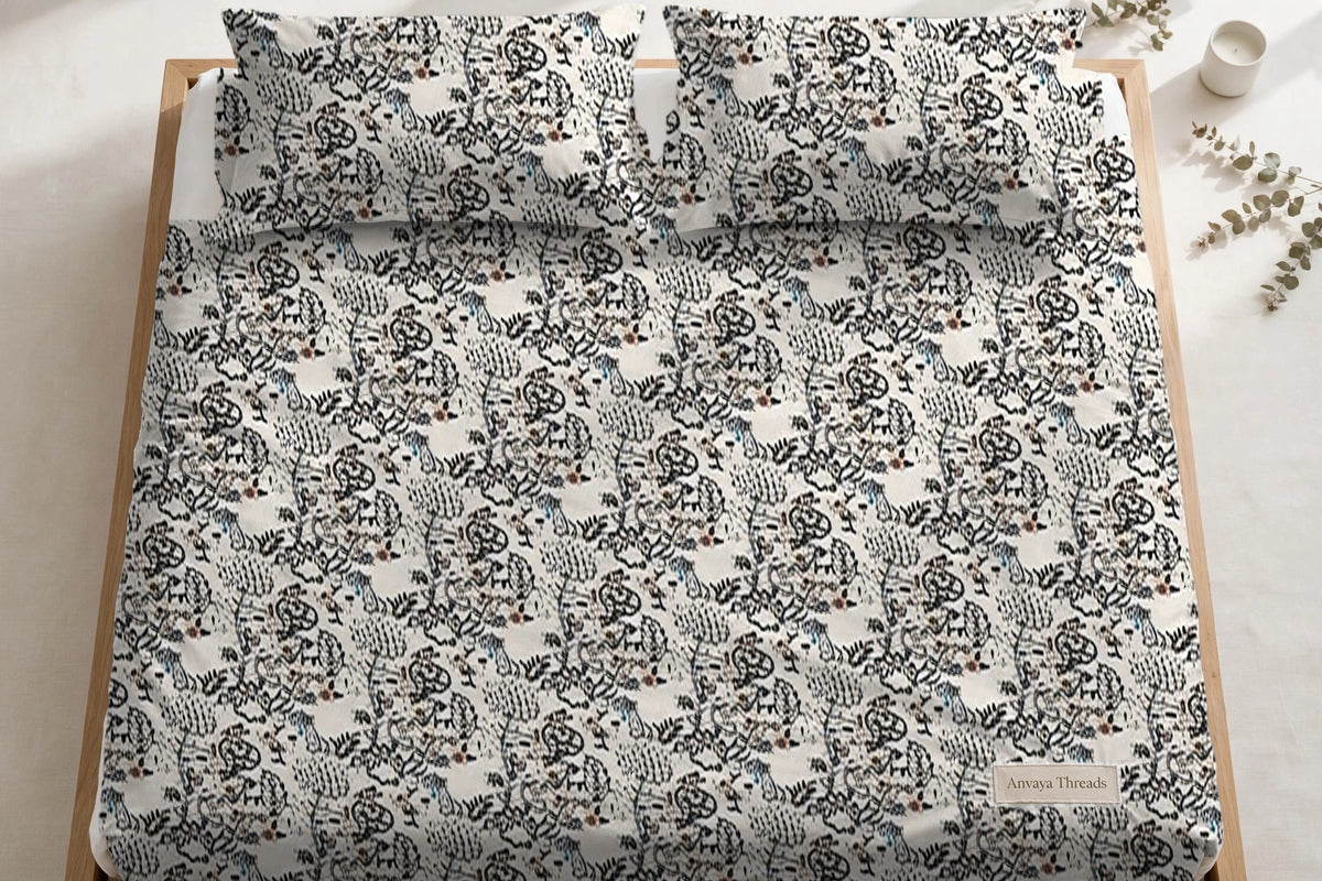 Nakshi Bagh Surmai bedsheet seen from above, with the pillow covers at the head of the bed