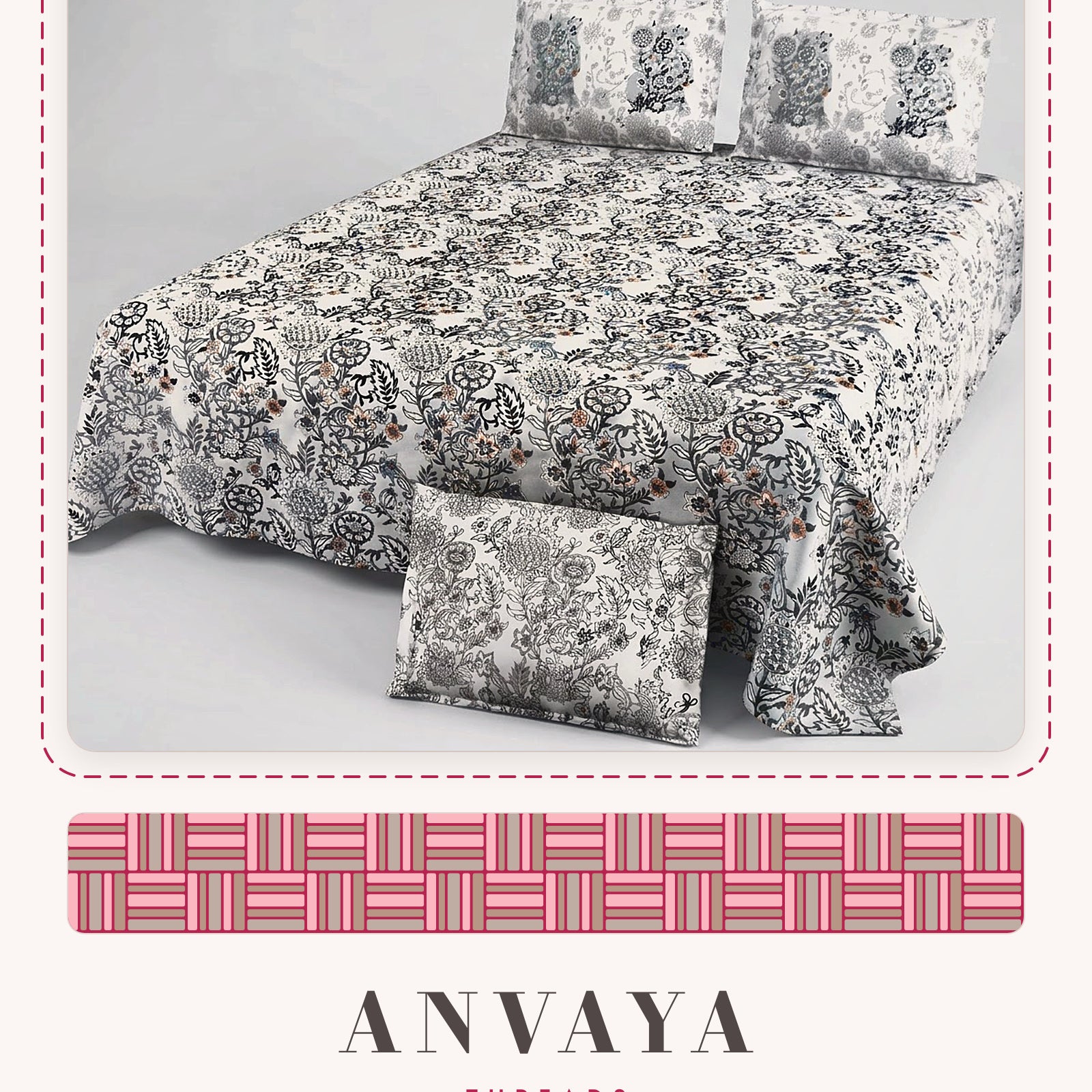 Nakshi Bagh Surmai bedsheet set, a flat sheet and two pillow covers, on a bed
