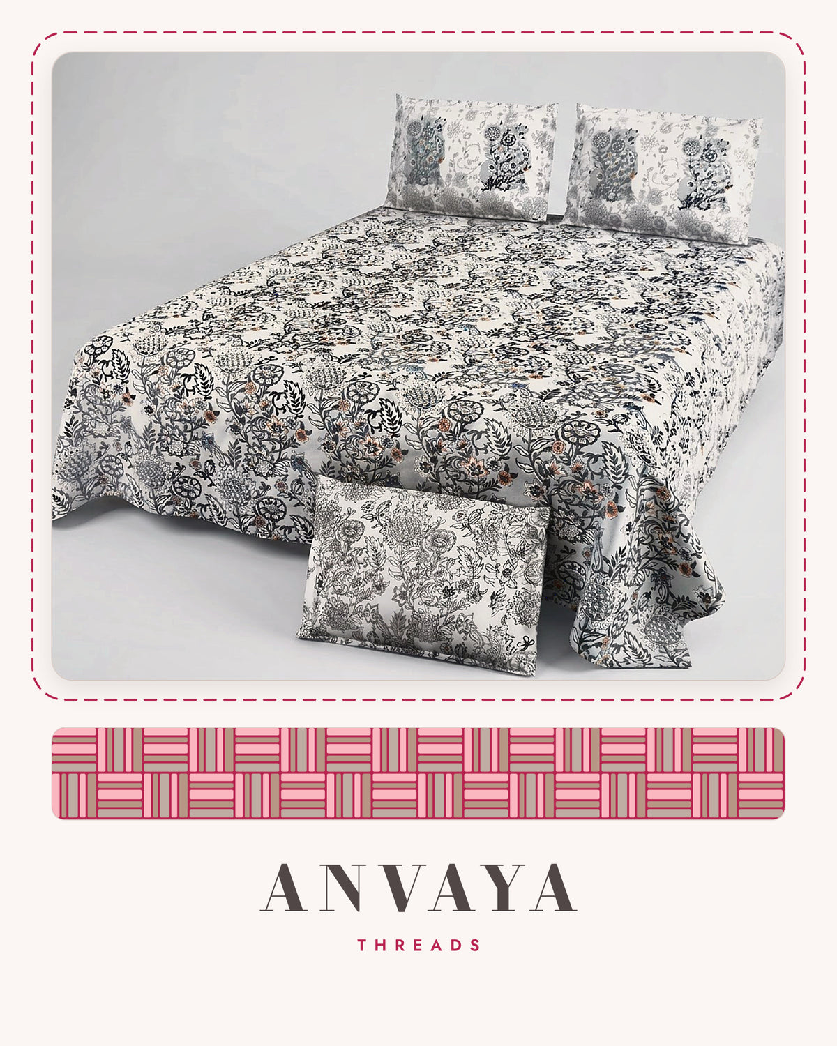 Nakshi Bagh Surmai bedsheet set, a flat sheet and two pillow covers, on a bed