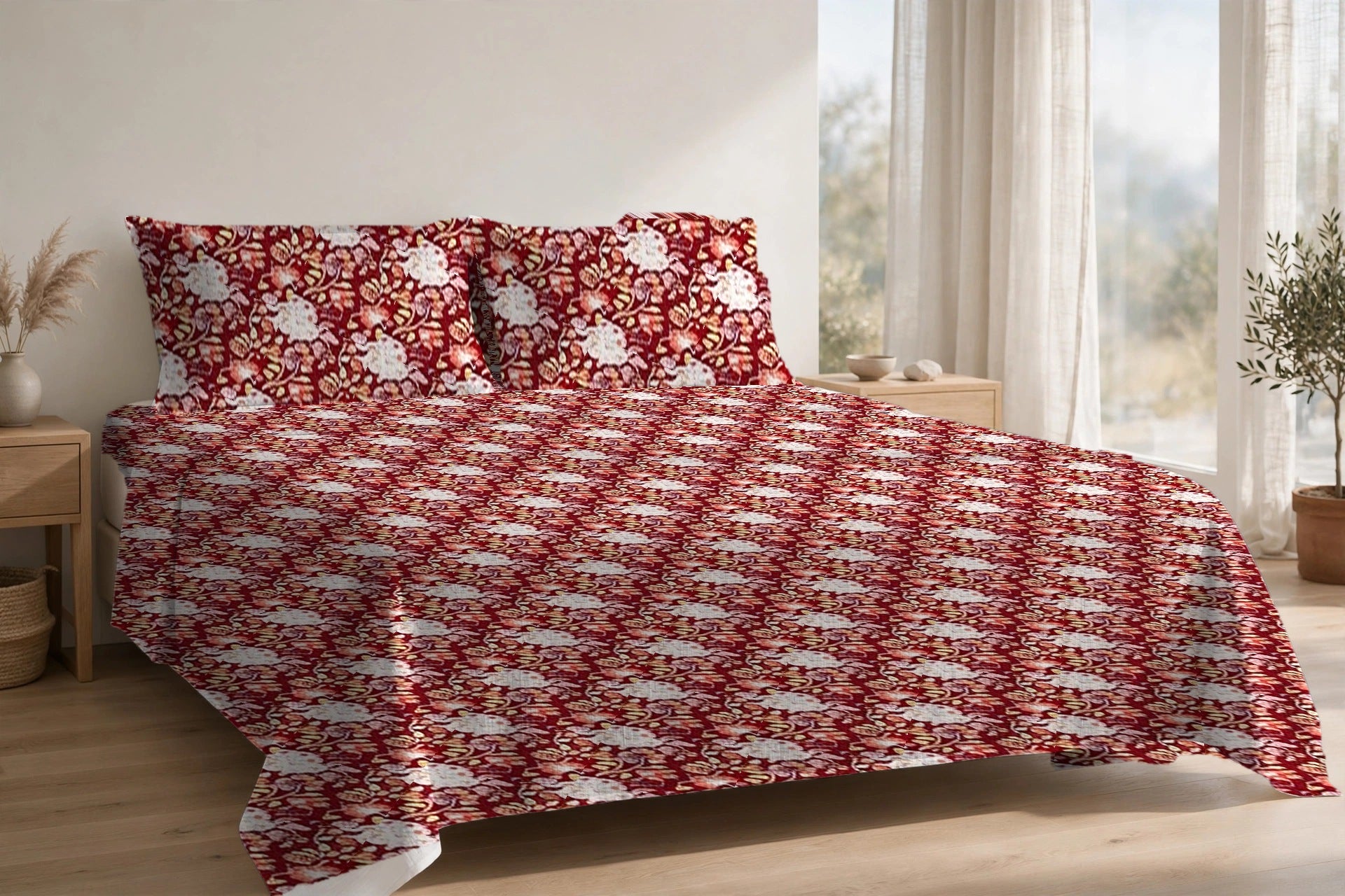 Chandni Bagh Anar cotton bedsheet on a made king bed, with matching pillow covers