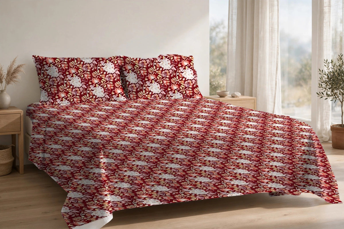 Chandni Bagh Anar cotton bedsheet on a made king bed, with matching pillow covers