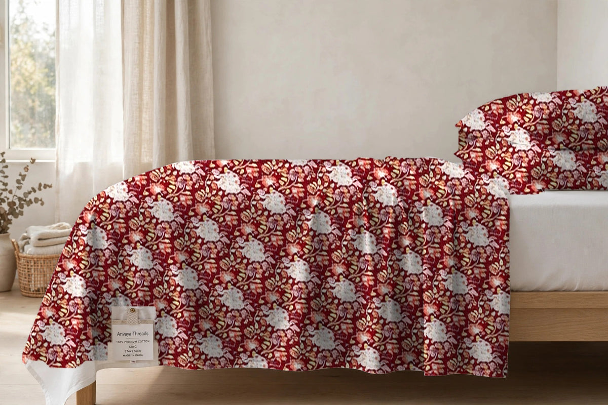 Chandni Bagh Anar bedsheet seen from the side, falling over the edge of the bed