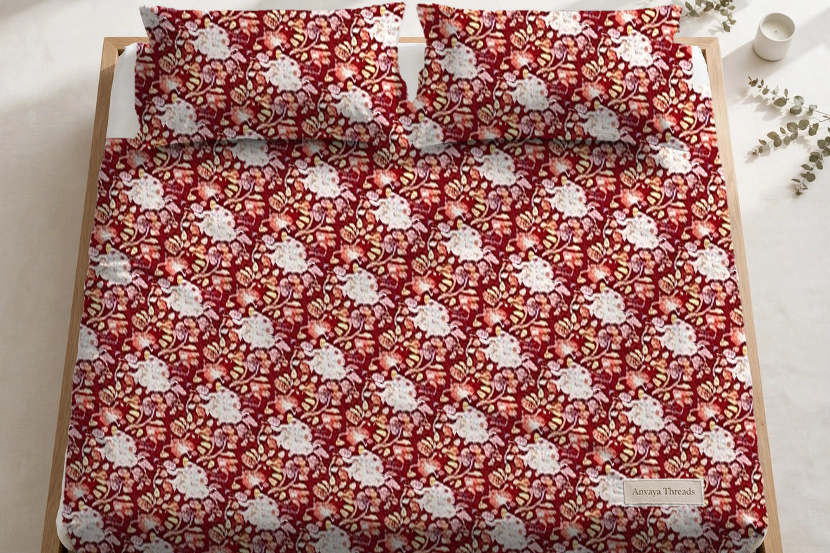 Chandni Bagh Anar bedsheet seen from above, with the pillow covers at the head of the bed