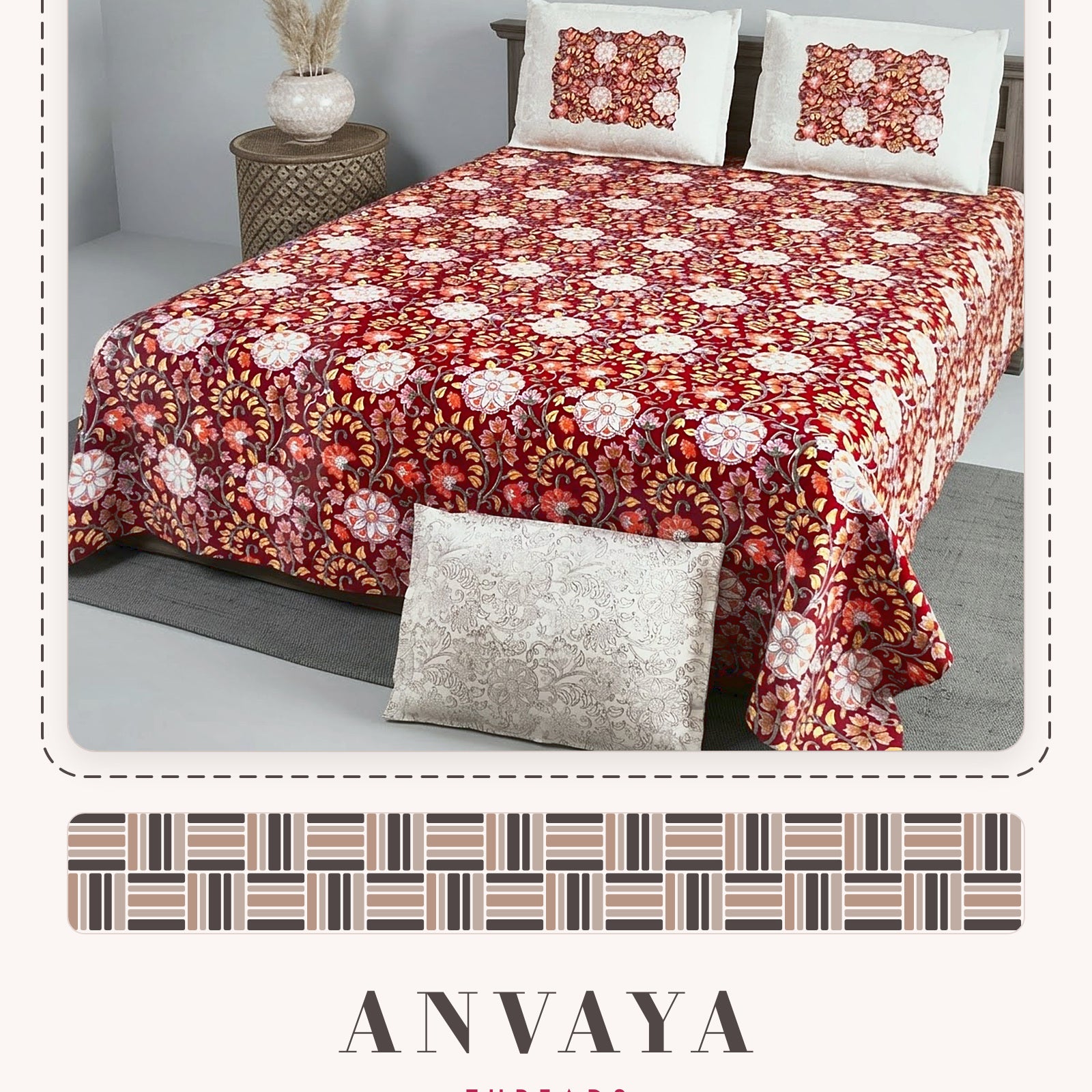Chandni Bagh Anar bedsheet set, a flat sheet and two pillow covers, on a bed