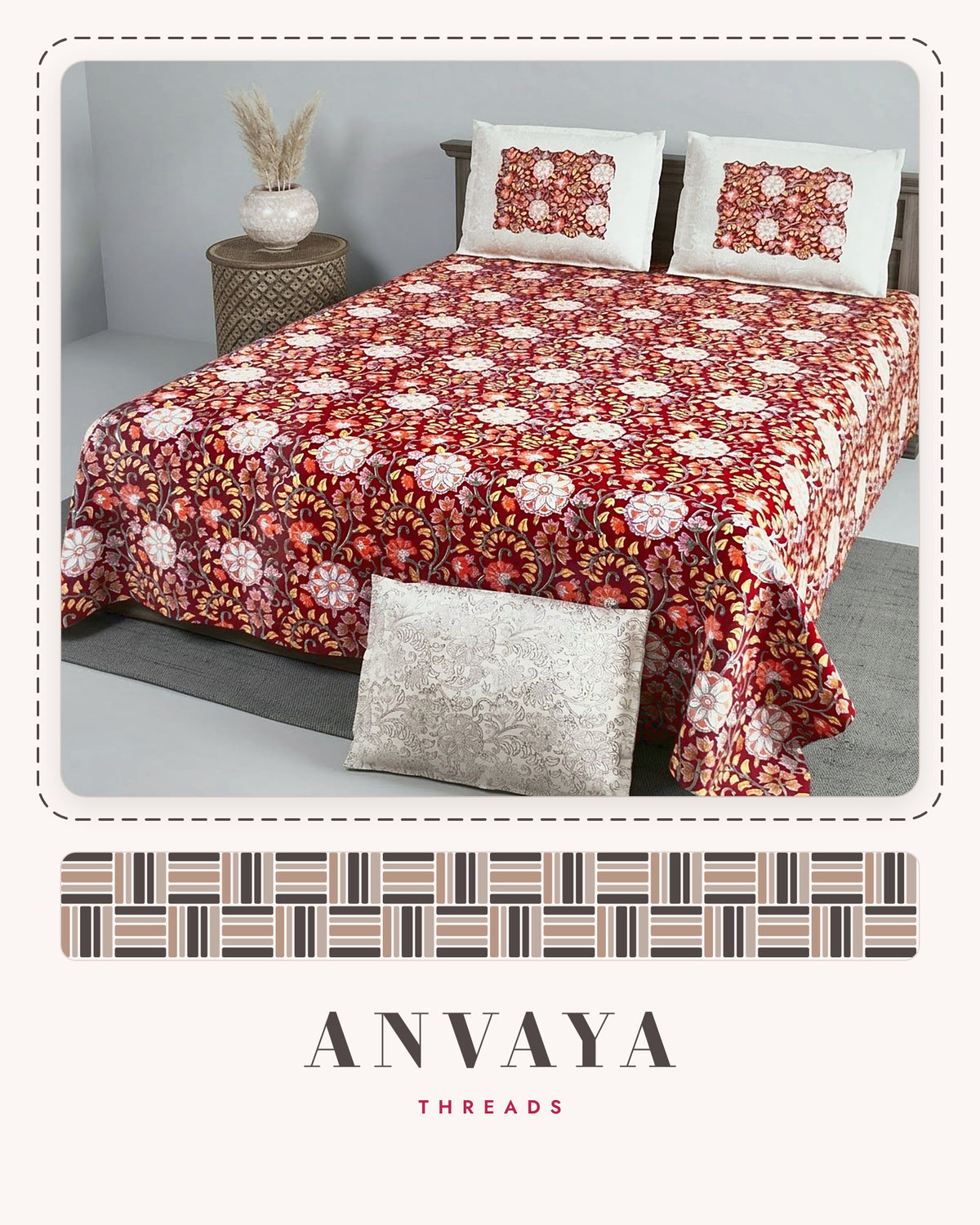 Chandni Bagh Anar bedsheet set, a flat sheet and two pillow covers, on a bed