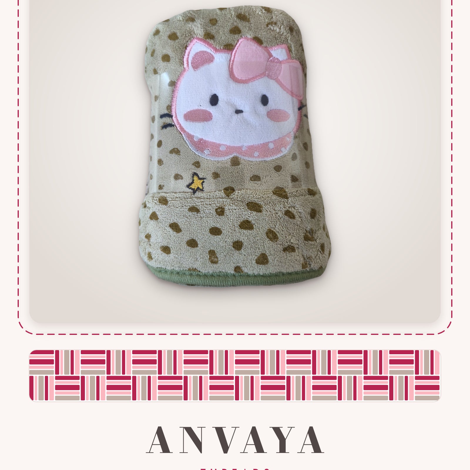 Khaki Heart-Spot Kitty kids' hand towel, rolled in a clear wrap with a kitty patch