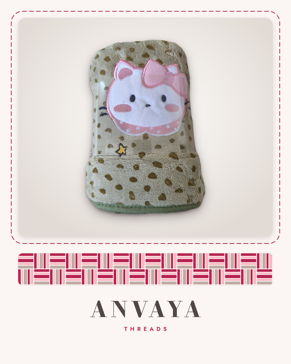 Khaki Heart-Spot Kitty kids' hand towel, rolled in a clear wrap with a kitty patch