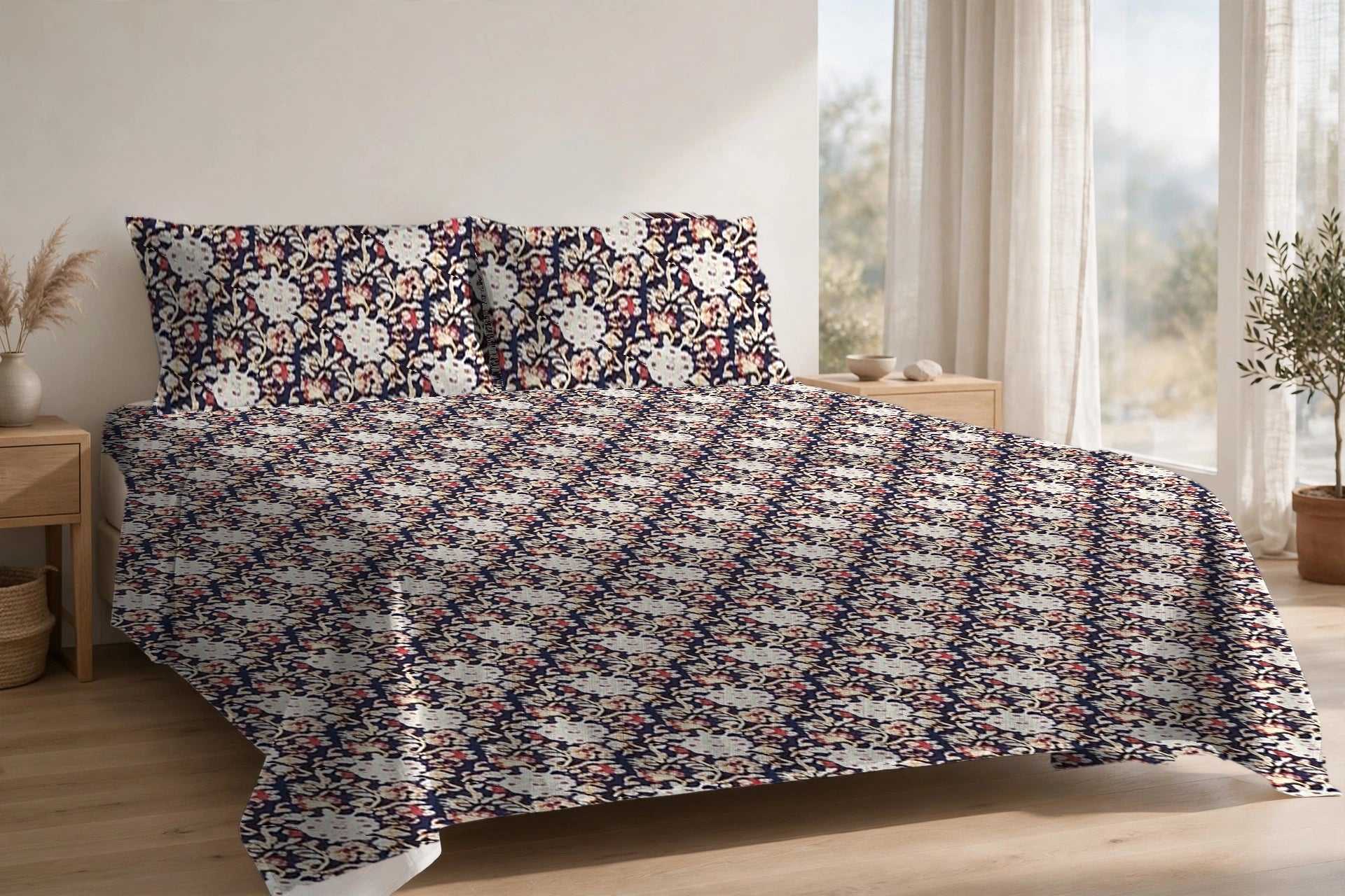 Chandni Bagh Neel cotton bedsheet on a made king bed, with matching pillow covers
