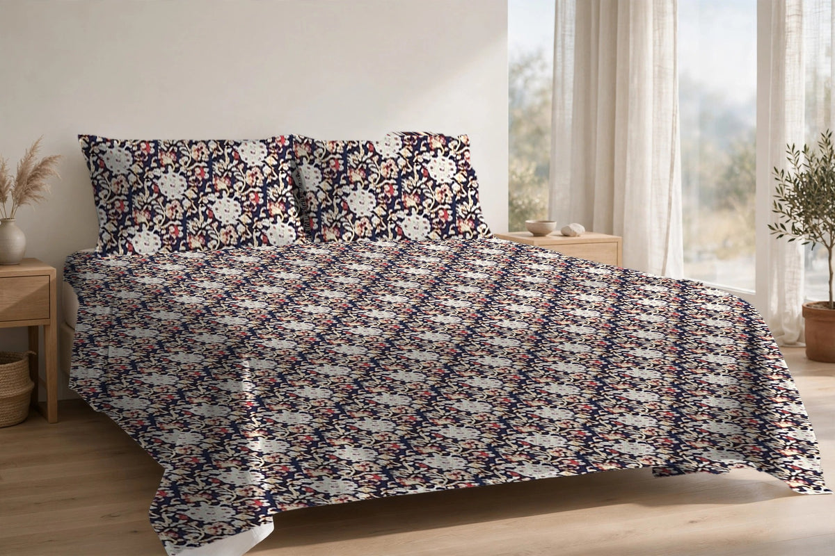 Chandni Bagh Neel cotton bedsheet on a made king bed, with matching pillow covers