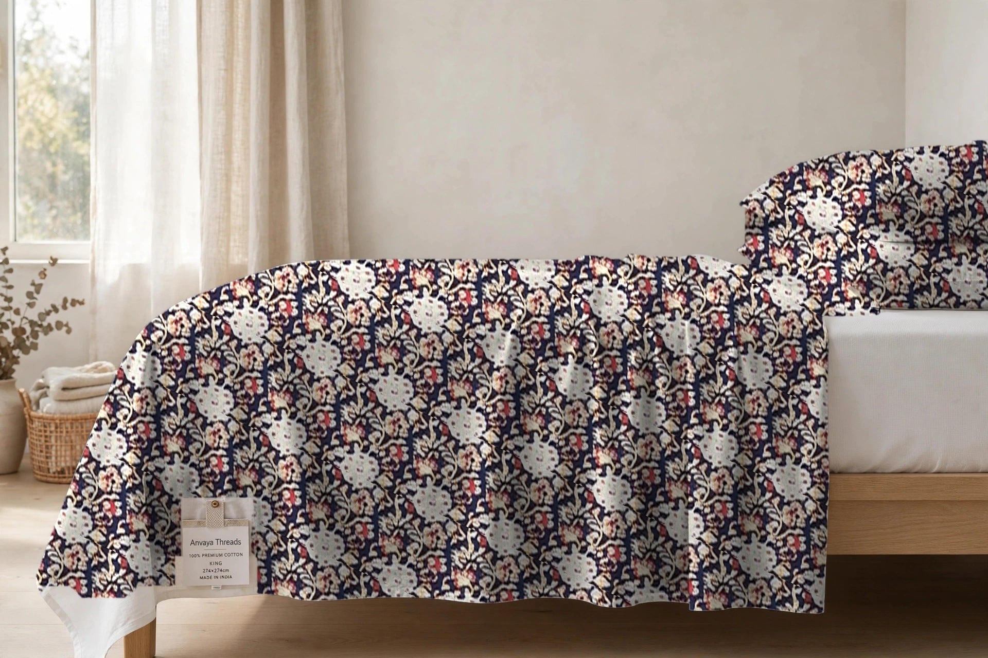 Chandni Bagh Neel bedsheet seen from the side, falling over the edge of the bed