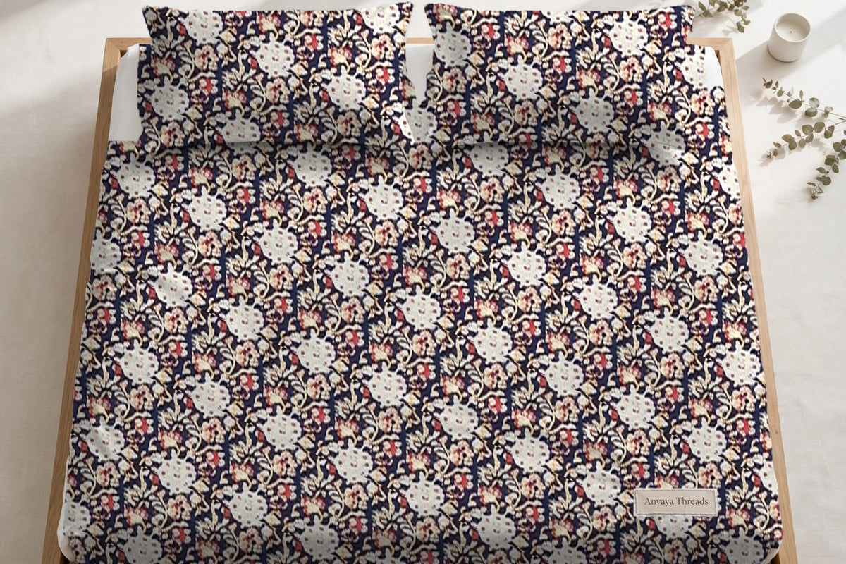 Chandni Bagh Neel bedsheet seen from above, with the pillow covers at the head of the bed