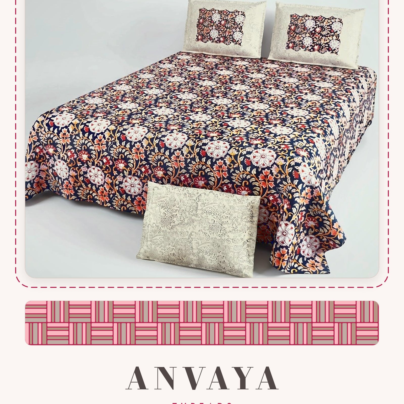 Chandni Bagh Neel bedsheet set, a flat sheet and two pillow covers, on a bed