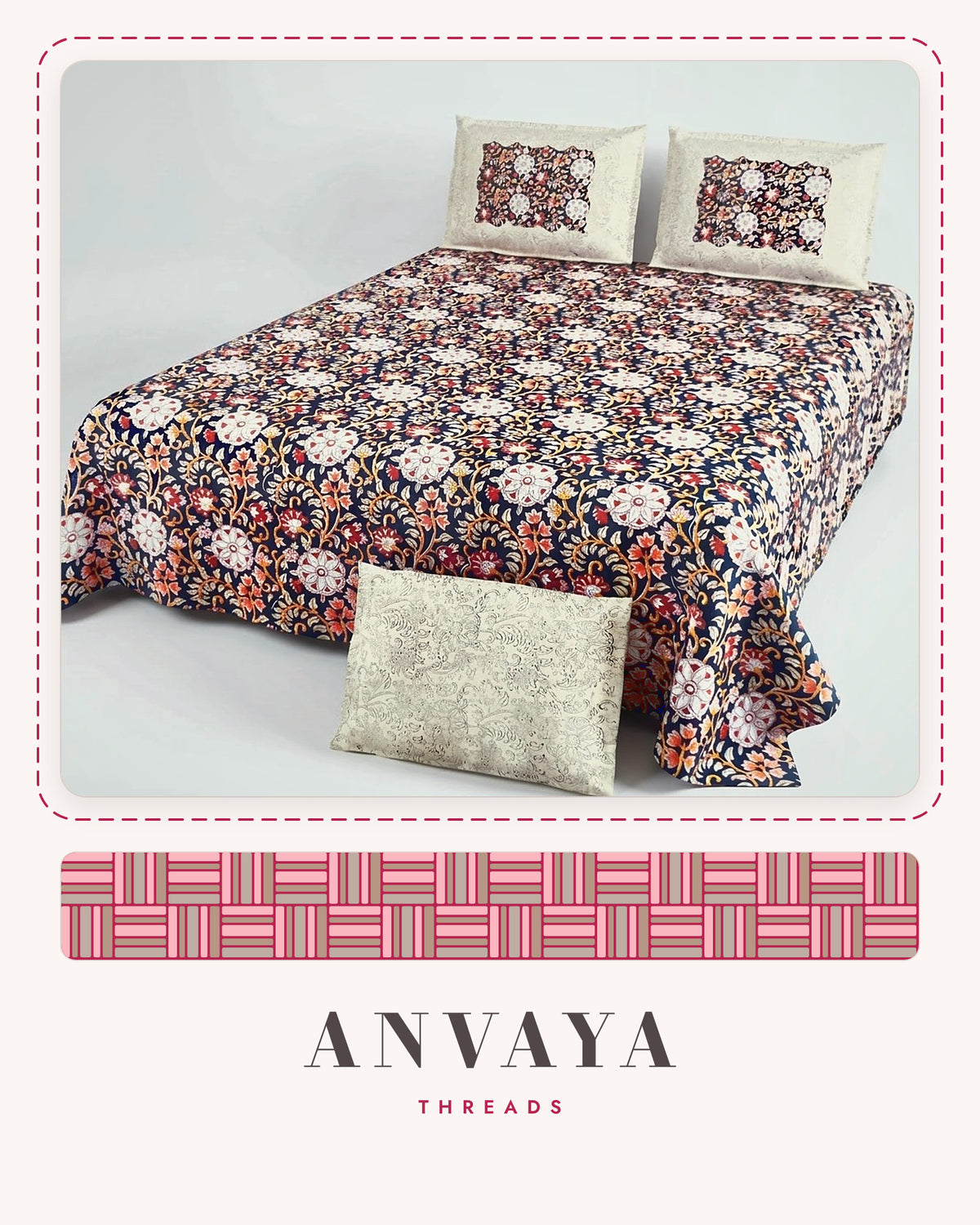 Chandni Bagh Neel bedsheet set, a flat sheet and two pillow covers, on a bed