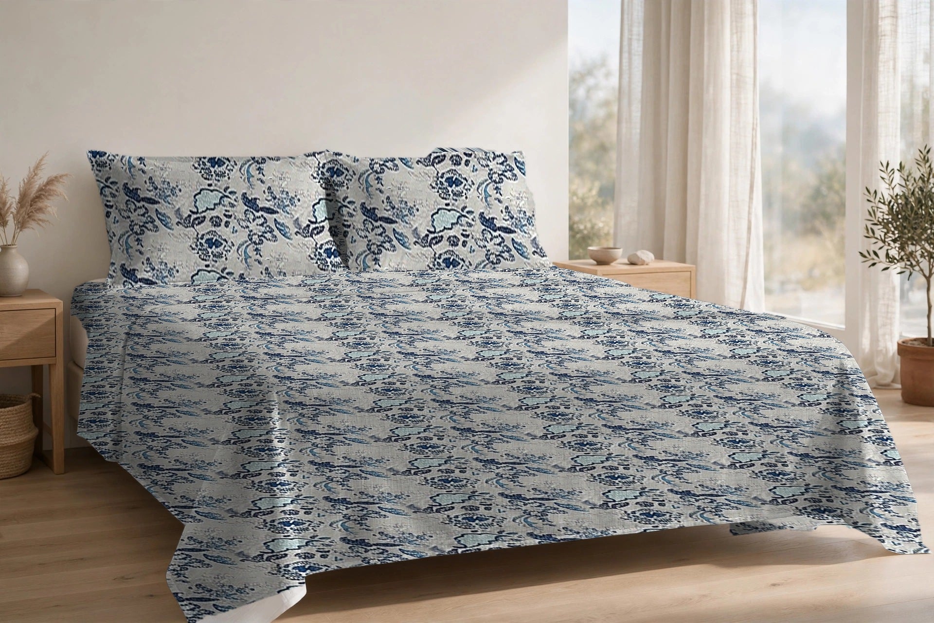 Kalamkari Neel cotton bedsheet on a made king bed, with matching pillow covers