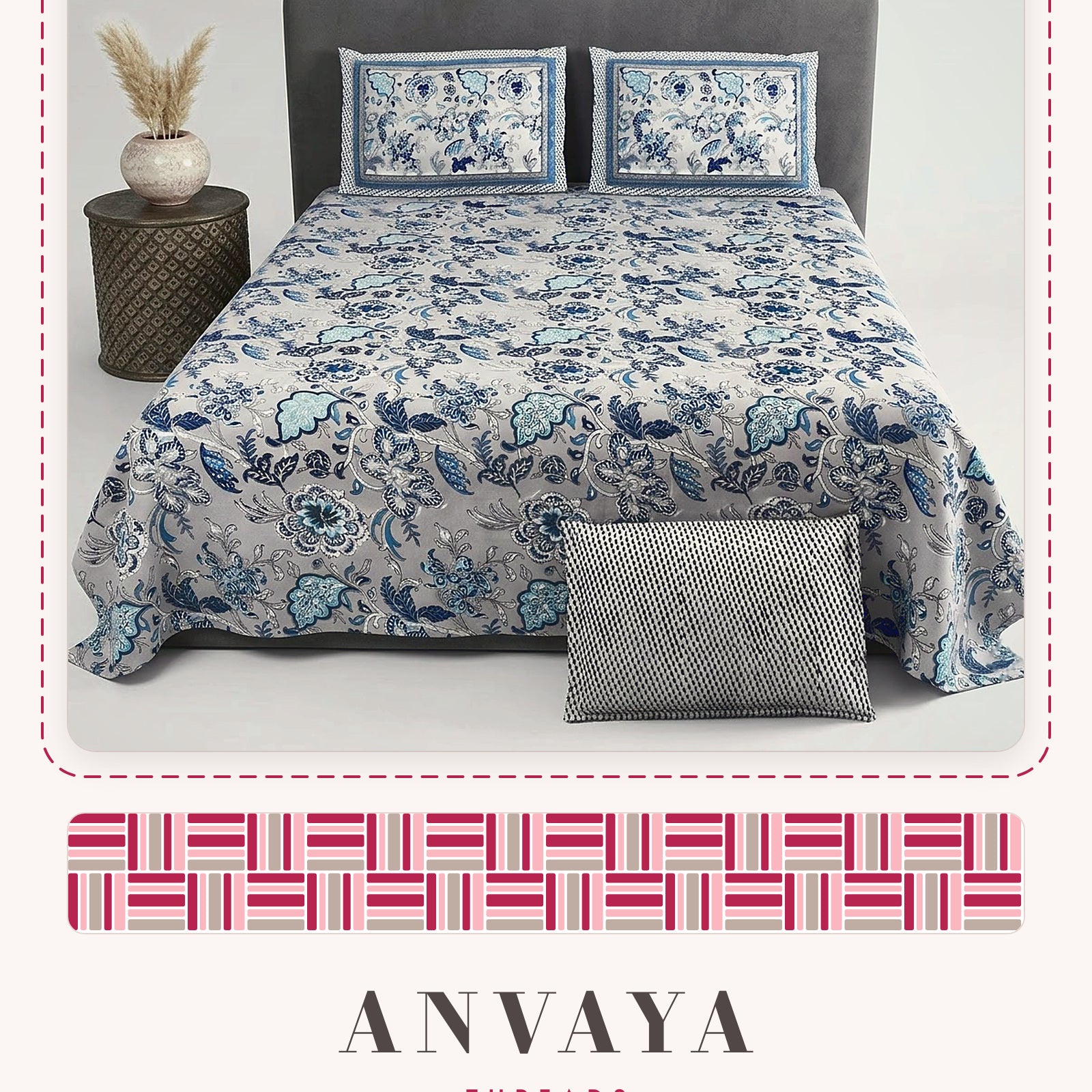 Kalamkari Neel bedsheet set, a flat sheet and two pillow covers, on a bed