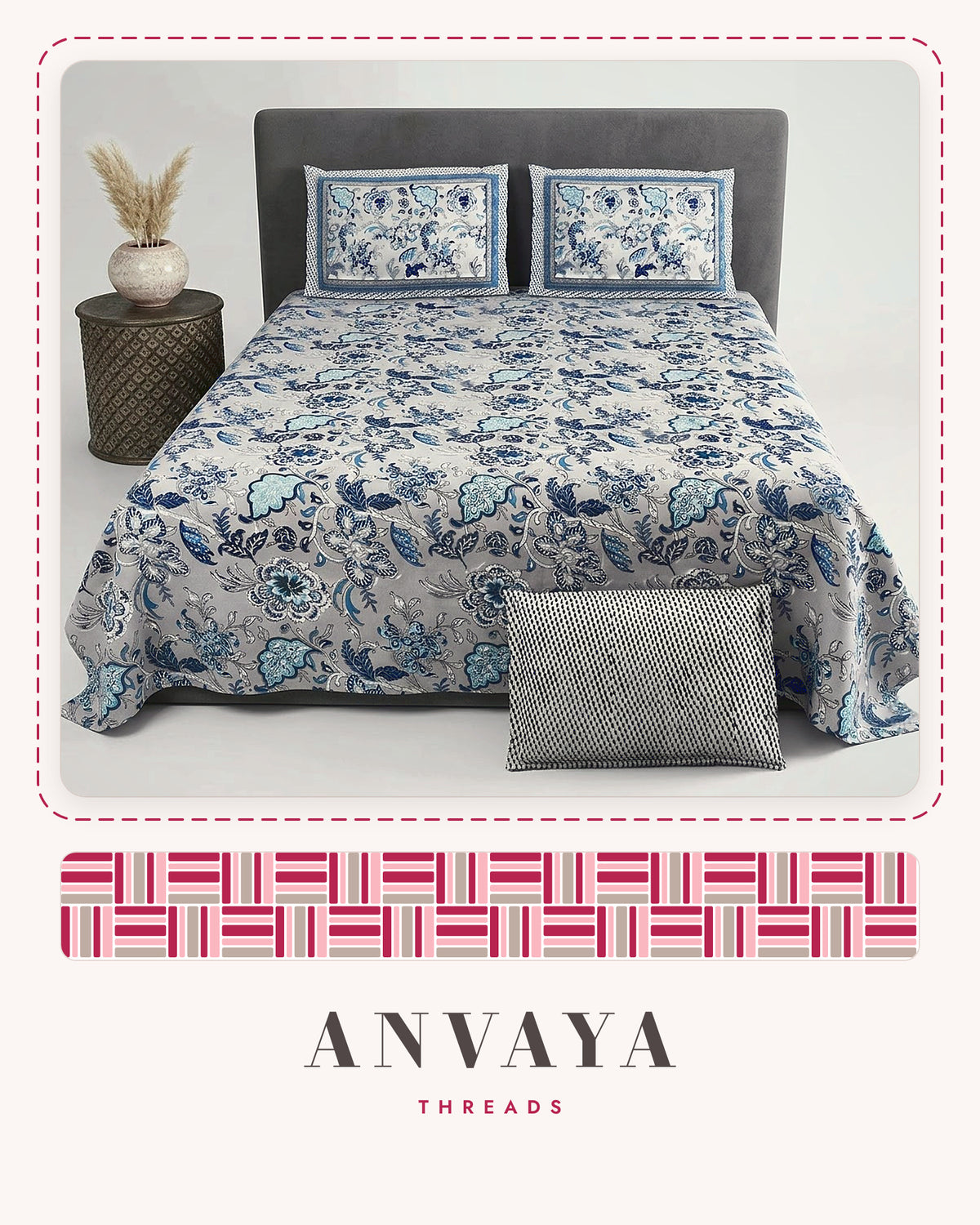 Kalamkari Neel bedsheet set, a flat sheet and two pillow covers, on a bed
