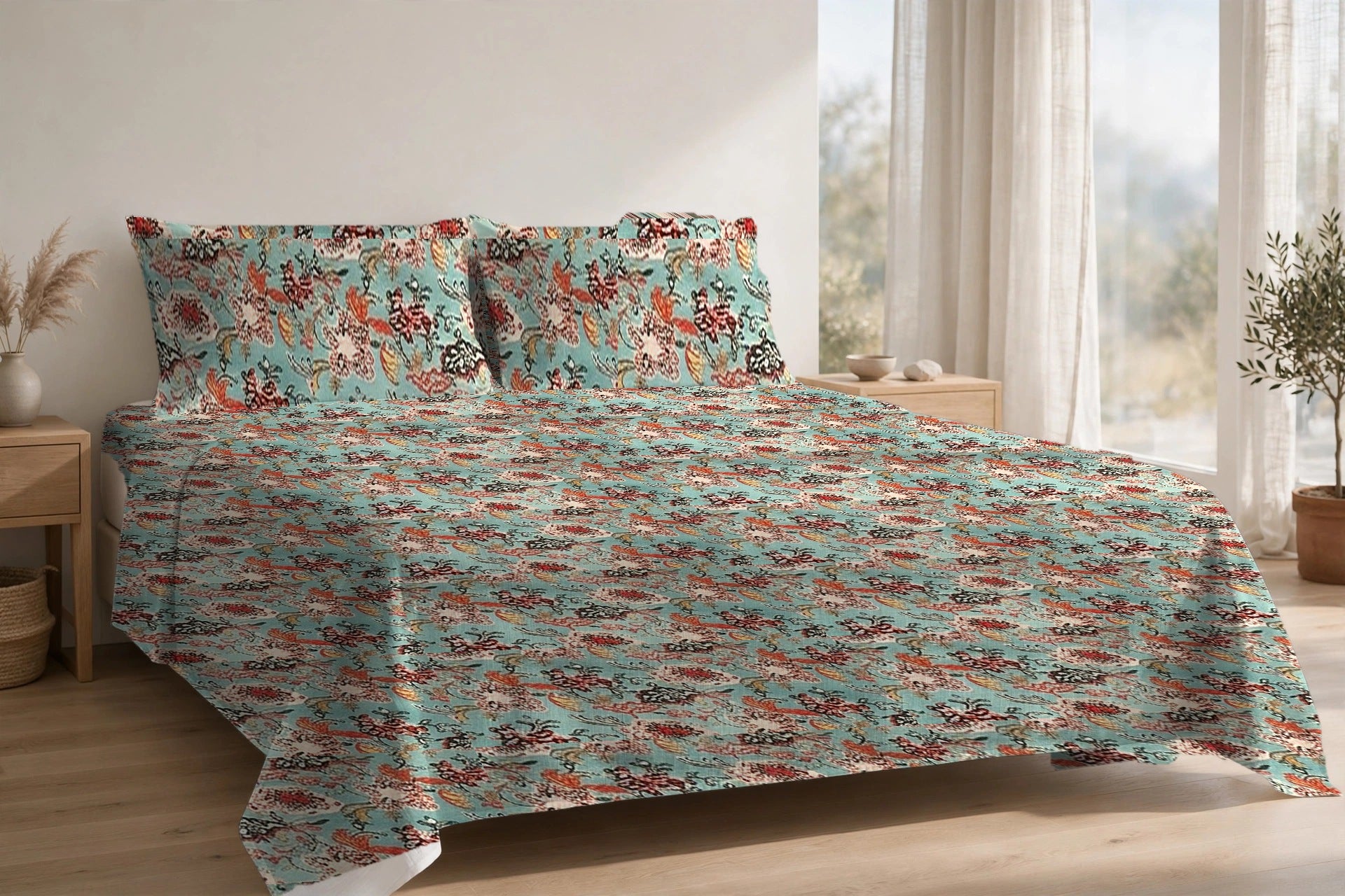 Kalamkari Firoza cotton bedsheet on a made king bed, with matching pillow covers