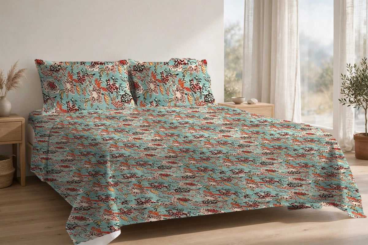 Kalamkari Firoza cotton bedsheet on a made king bed, with matching pillow covers