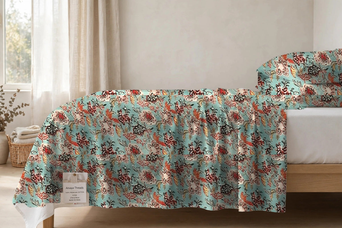 Kalamkari Firoza bedsheet seen from the side, falling over the edge of the bed