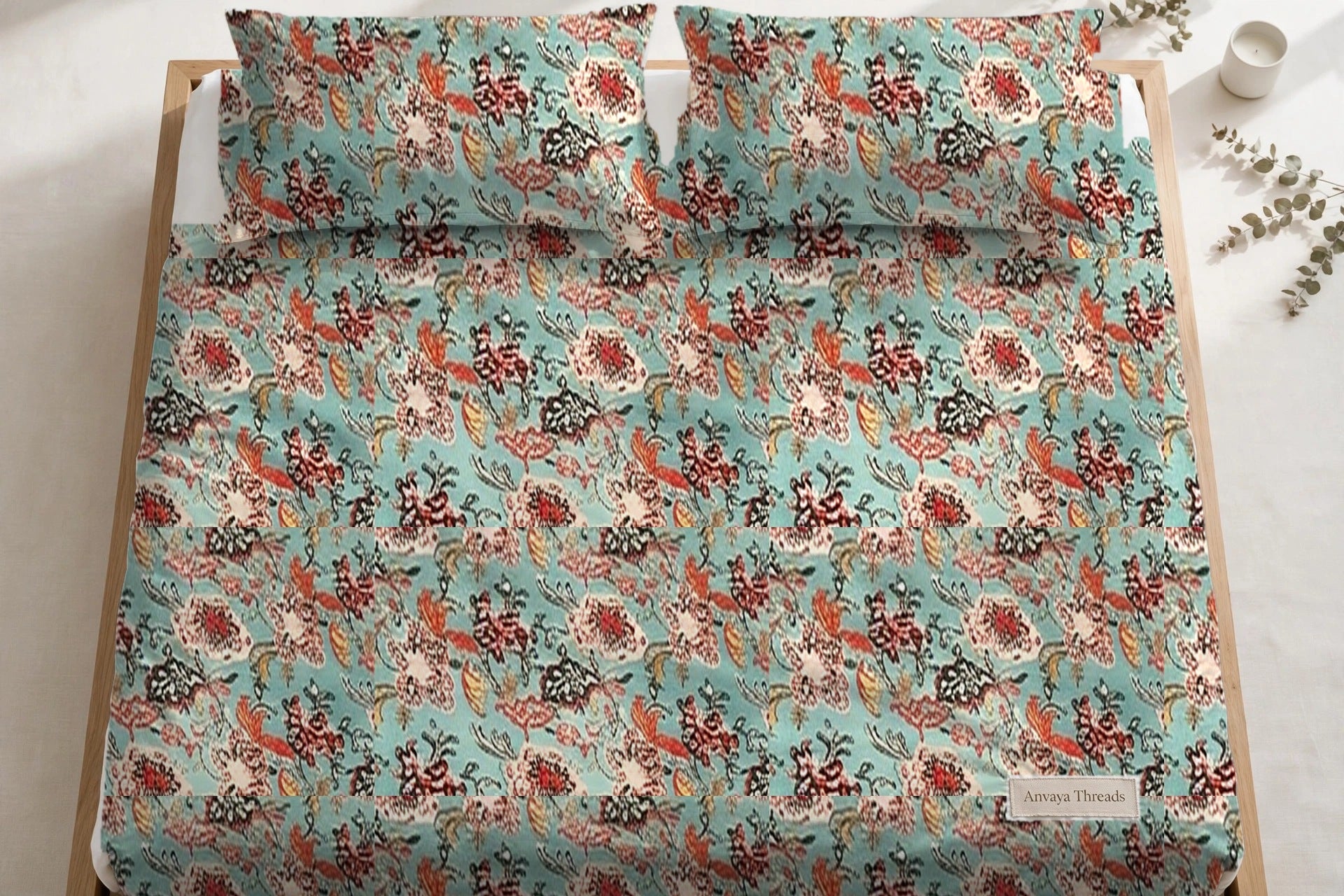 Kalamkari Firoza bedsheet seen from above, with the pillow covers at the head of the bed