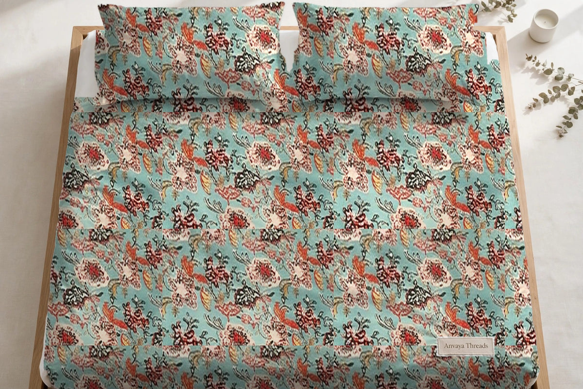 Kalamkari Firoza bedsheet seen from above, with the pillow covers at the head of the bed