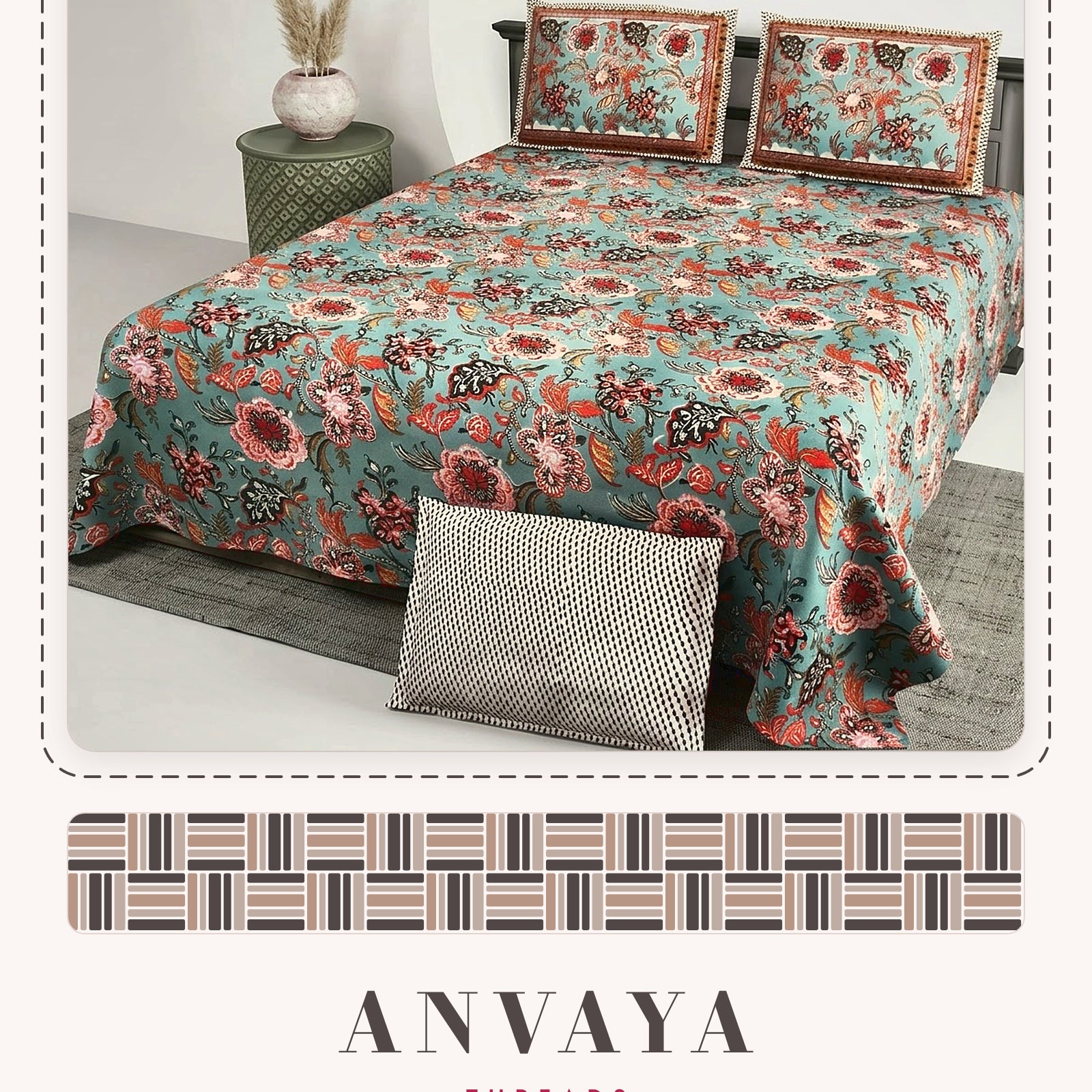Kalamkari Firoza bedsheet set, a flat sheet and two pillow covers, on a bed