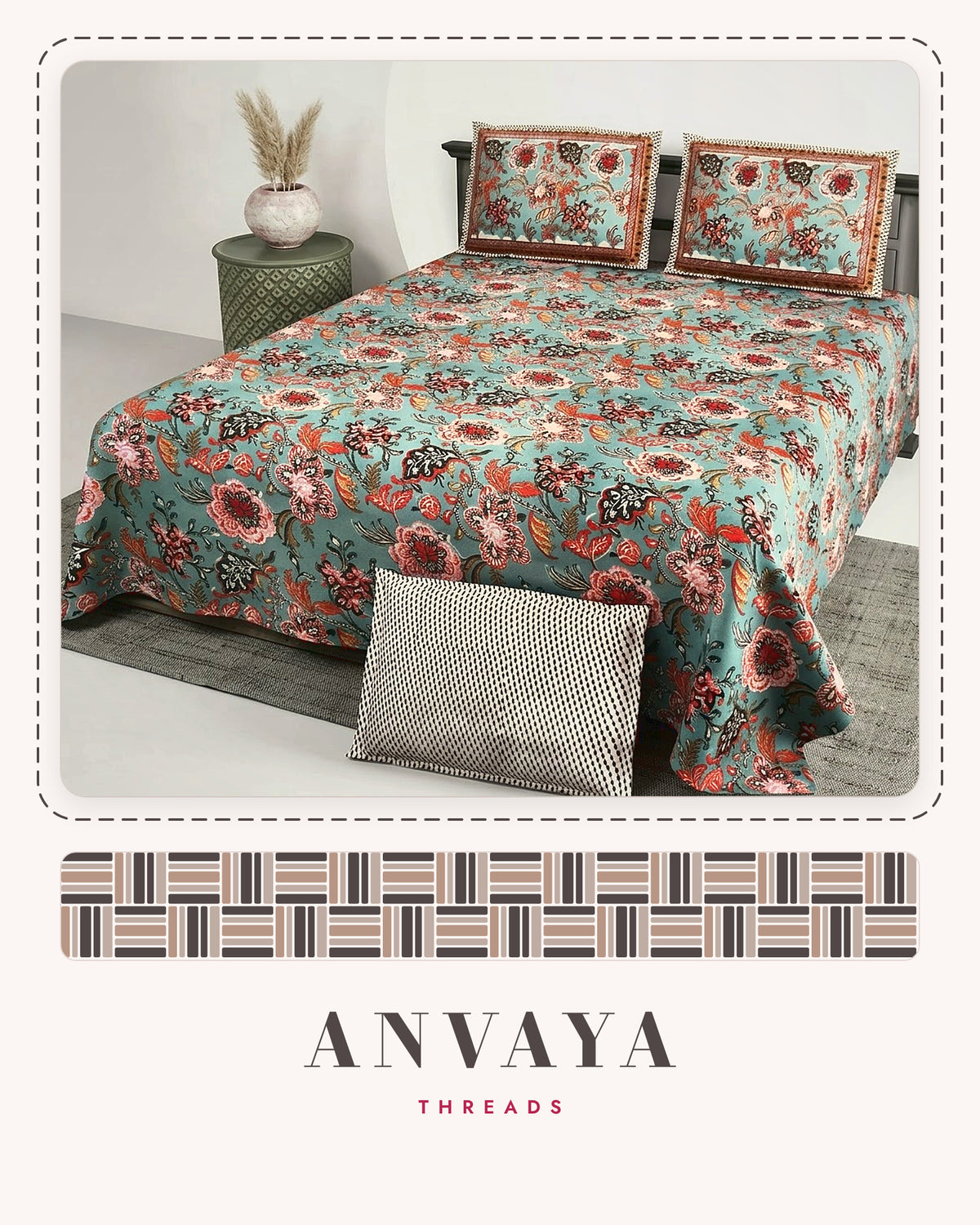 Kalamkari Firoza bedsheet set, a flat sheet and two pillow covers, on a bed
