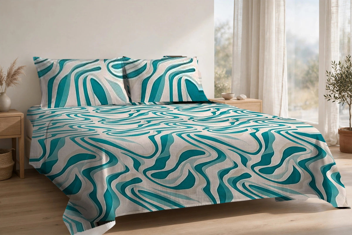 Lehar Firoza cotton bedsheet on a made king bed, with matching pillow covers