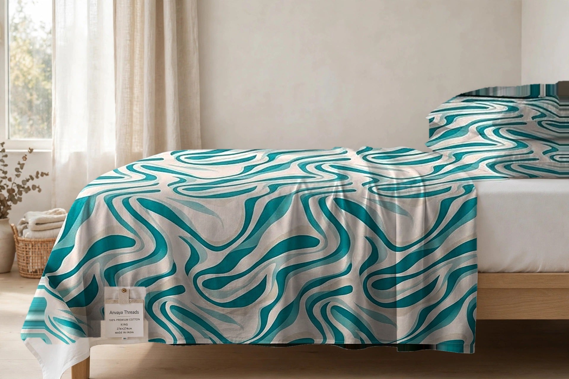 Lehar Firoza bedsheet seen from the side, falling over the edge of the bed