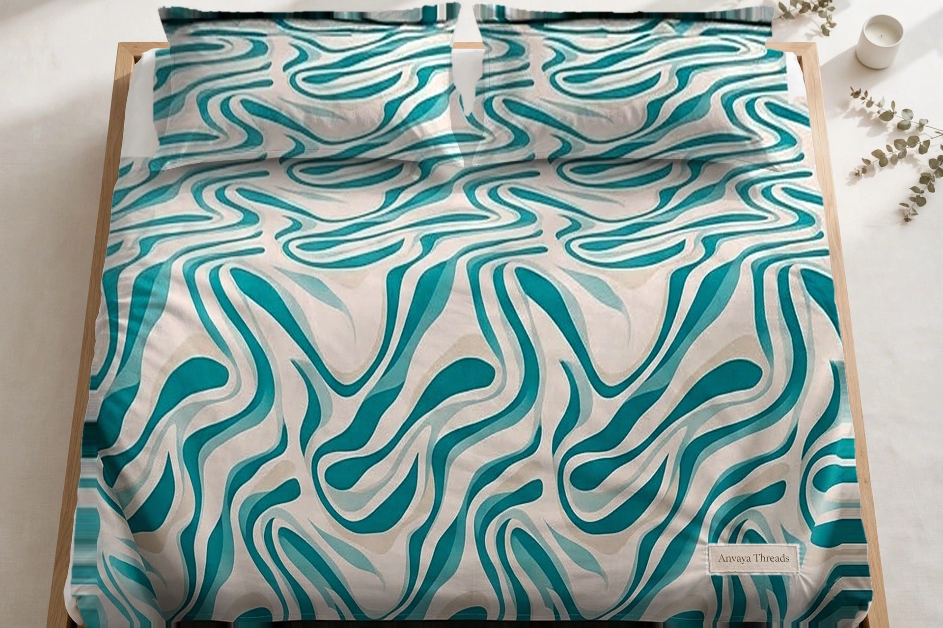 Lehar Firoza bedsheet seen from above, with the pillow covers at the head of the bed