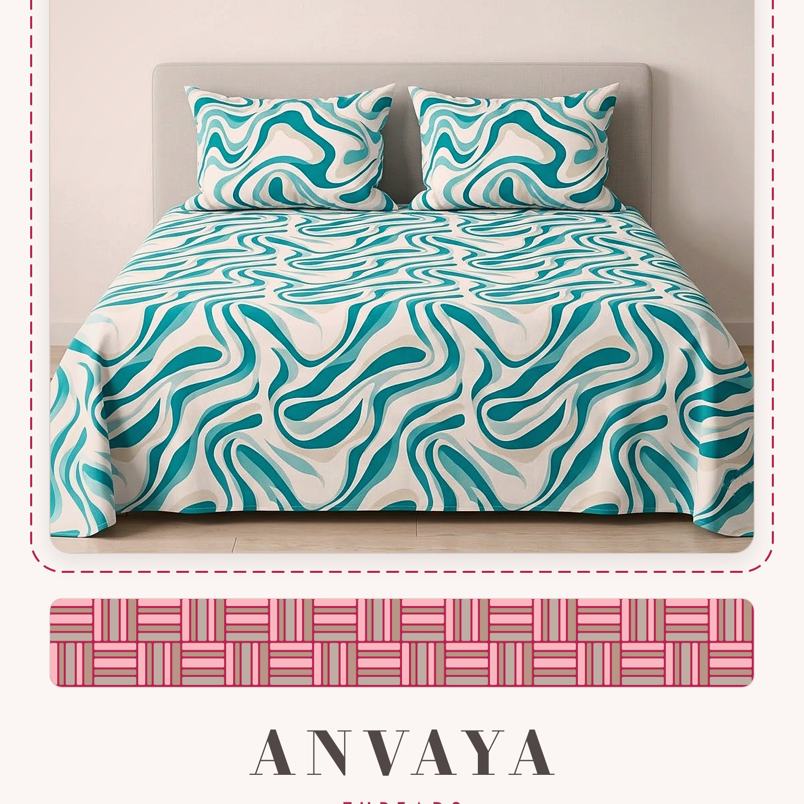 Lehar Firoza bedsheet set, a flat sheet and two pillow covers, on a bed