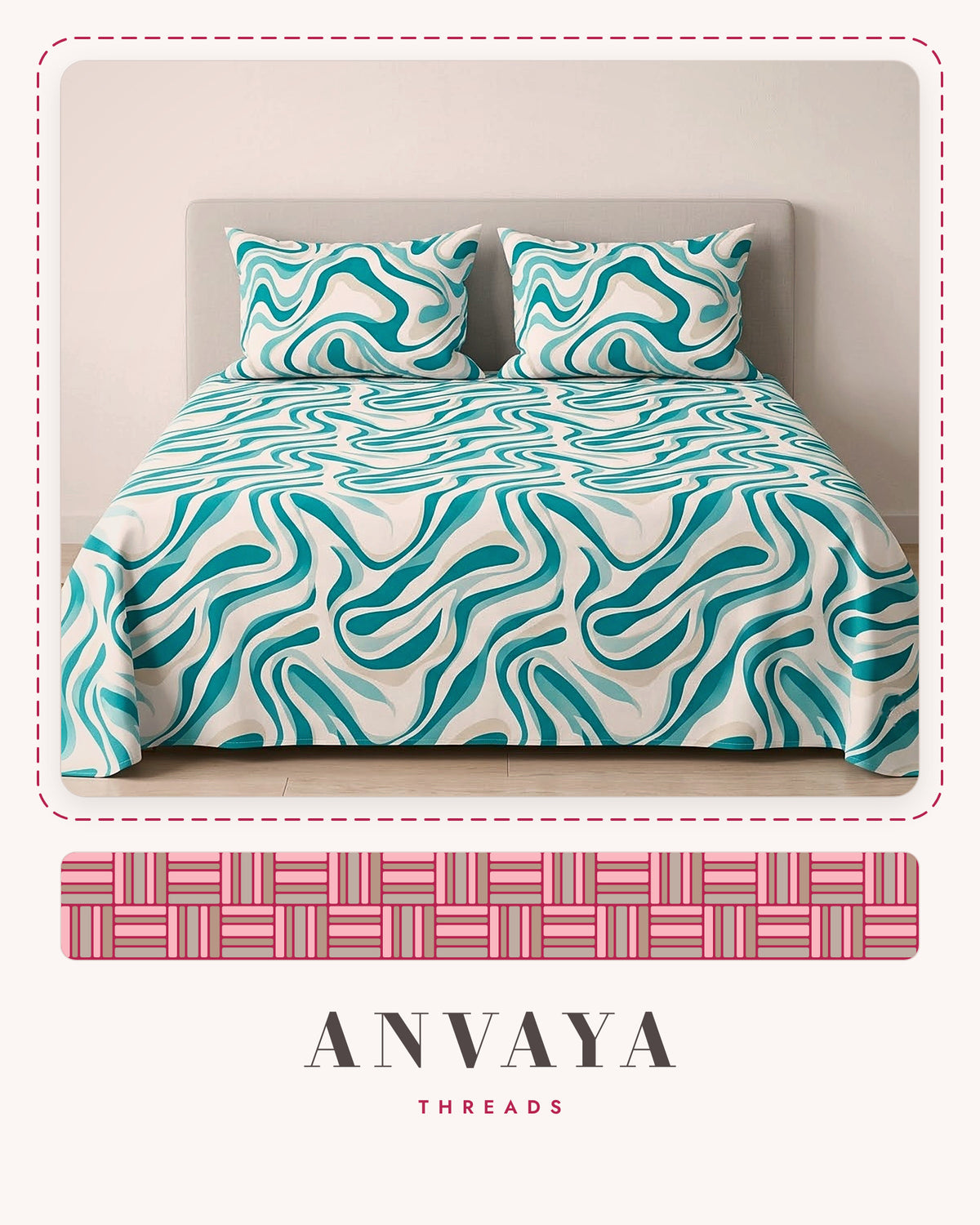 Lehar Firoza bedsheet set, a flat sheet and two pillow covers, on a bed