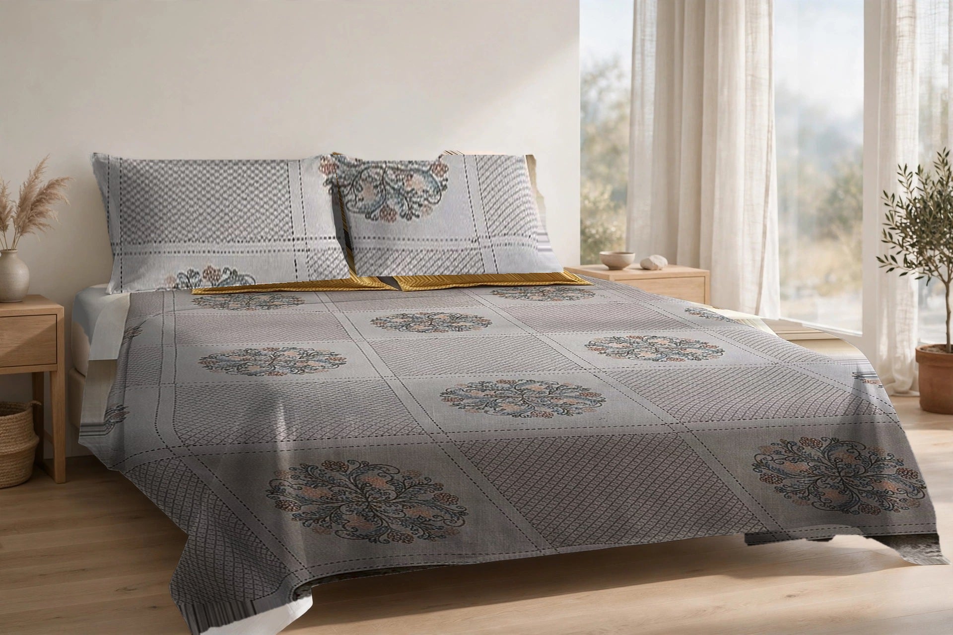 Chowk Mandala Surmai cotton bedsheet on a made king bed, with matching pillow covers