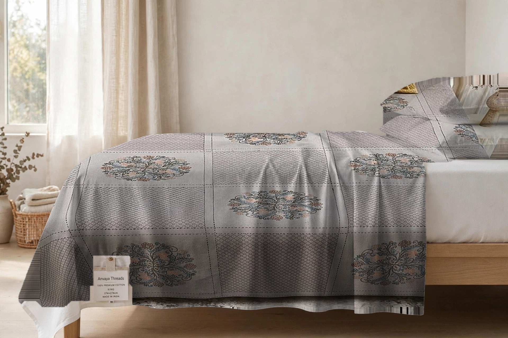 Chowk Mandala Surmai bedsheet seen from the side, falling over the edge of the bed