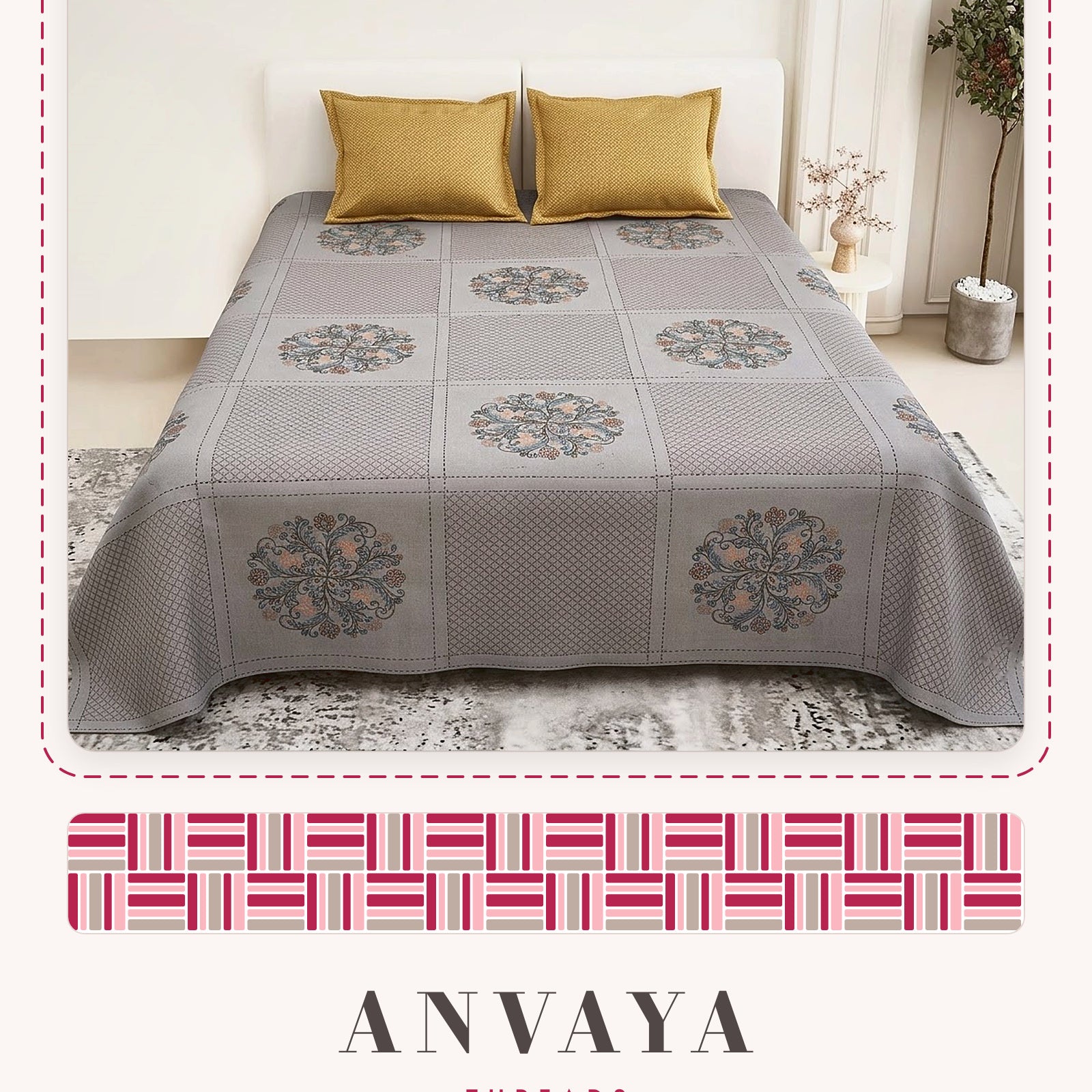 Chowk Mandala Surmai bedsheet set, a flat sheet and two pillow covers, on a bed
