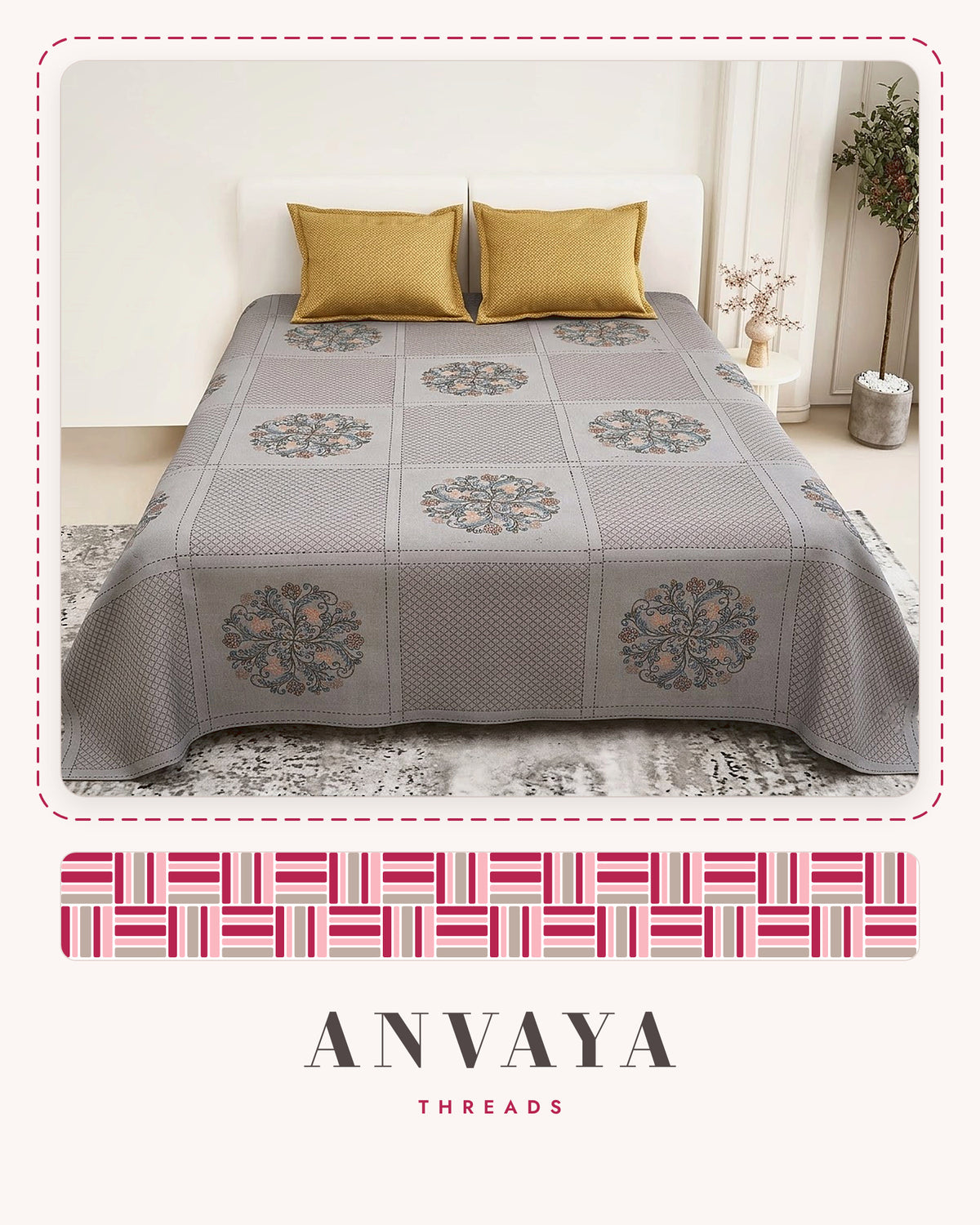 Chowk Mandala Surmai bedsheet set, a flat sheet and two pillow covers, on a bed
