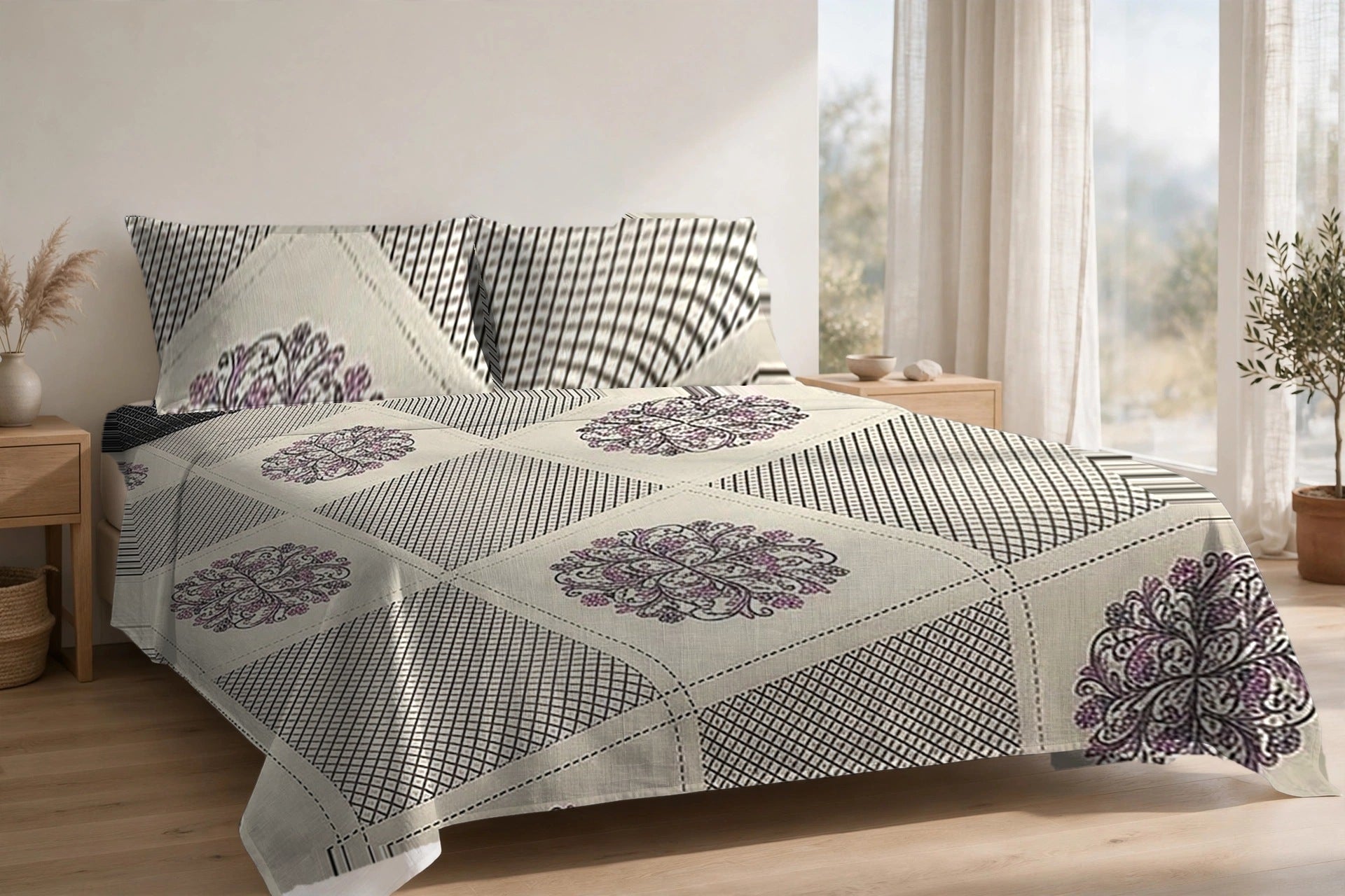 Chowk Mandala Chandan cotton bedsheet on a made king bed, with matching pillow covers