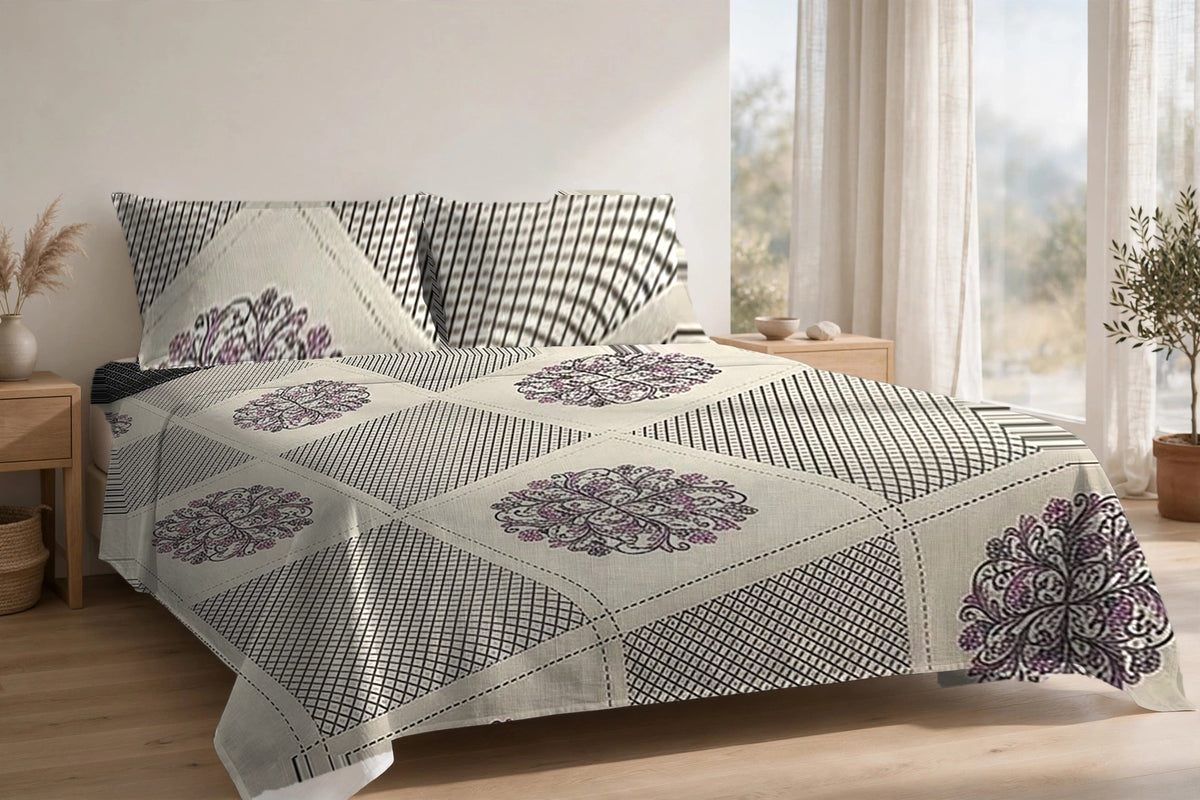 Chowk Mandala Chandan cotton bedsheet on a made king bed, with matching pillow covers