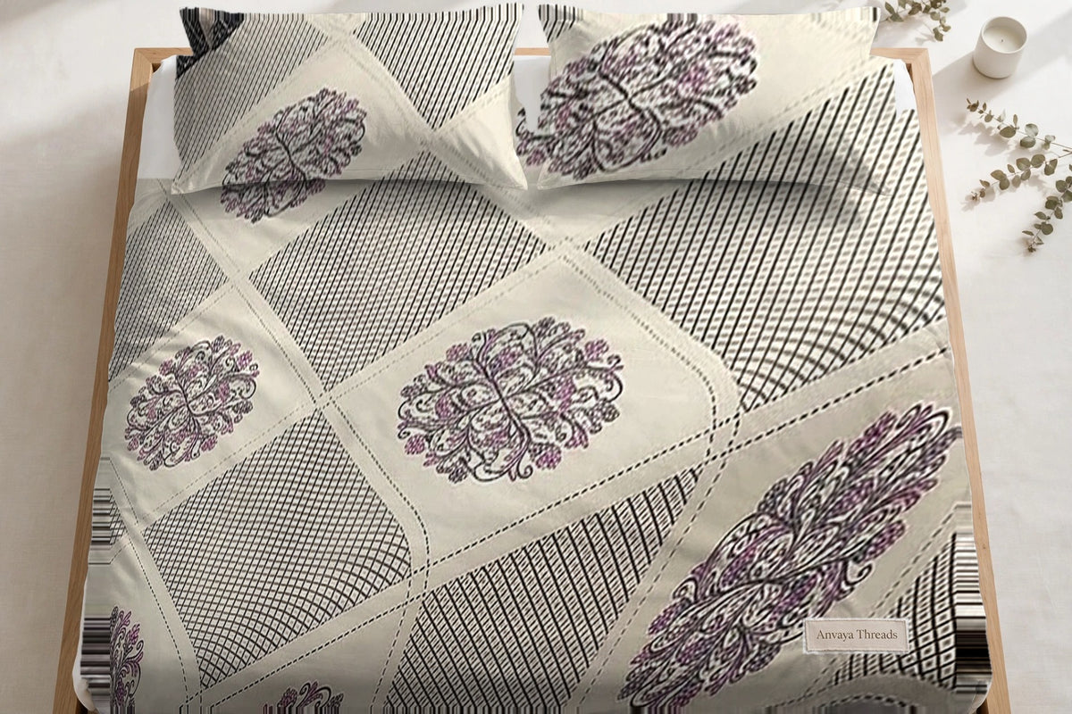 Chowk Mandala Chandan bedsheet seen from above, with the pillow covers at the head of the bed
