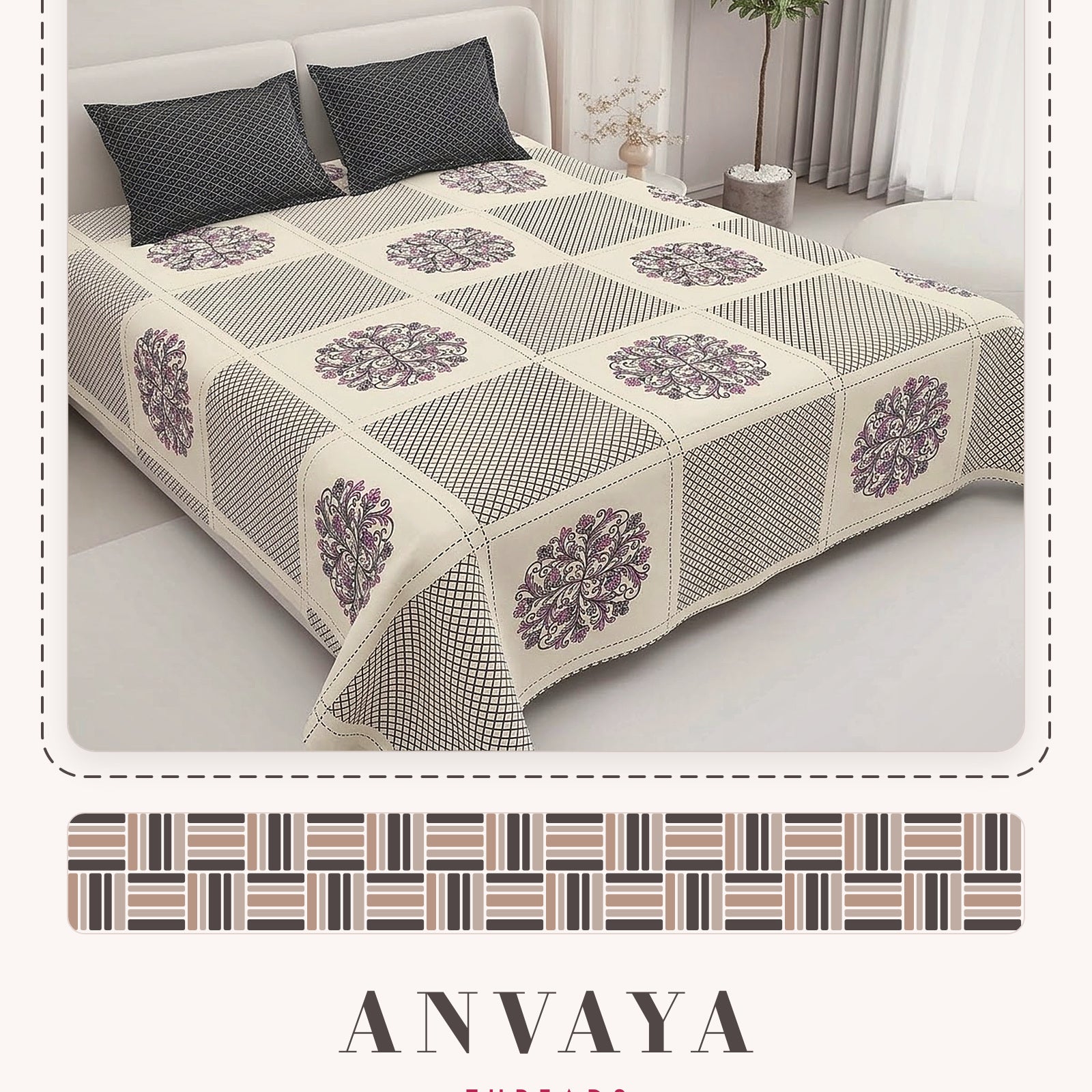 Chowk Mandala Chandan bedsheet set, a flat sheet and two pillow covers, on a bed