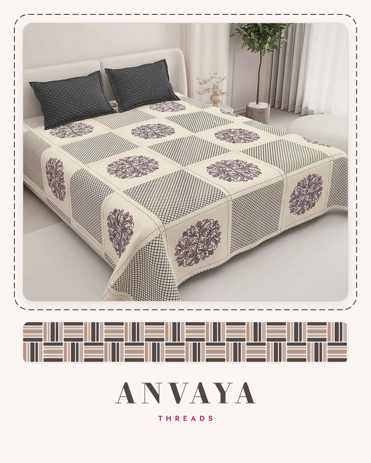 Chowk Mandala Chandan bedsheet set, a flat sheet and two pillow covers, on a bed