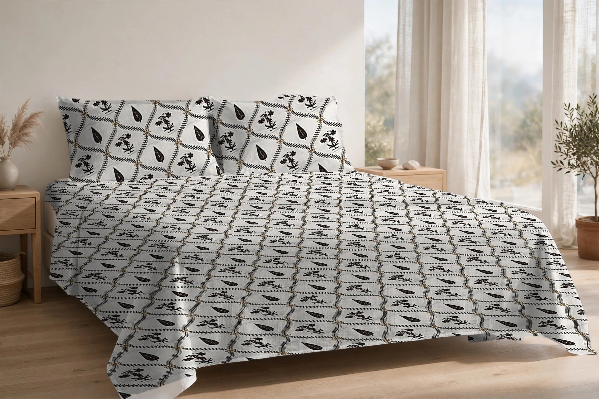 Patti Jaal Kaala cotton bedsheet on a made king bed, with matching pillow covers