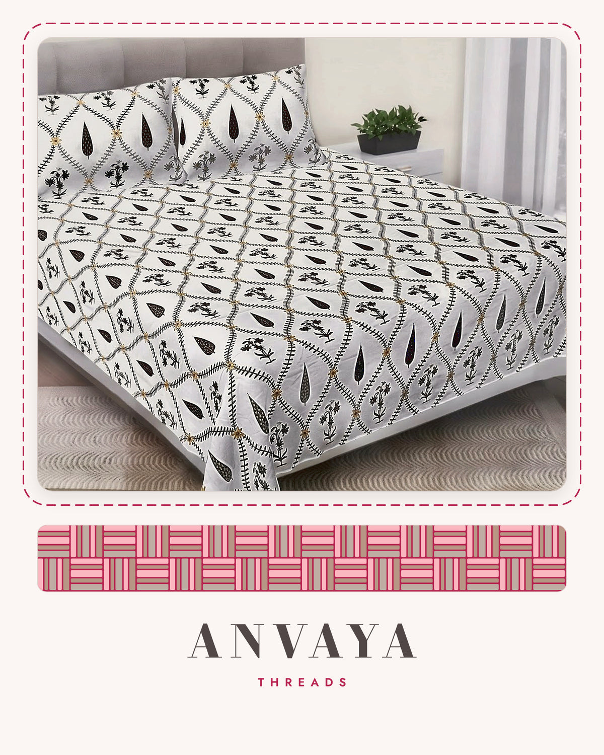 Patti Jaal Kaala bedsheet set, a flat sheet and two pillow covers, on a bed