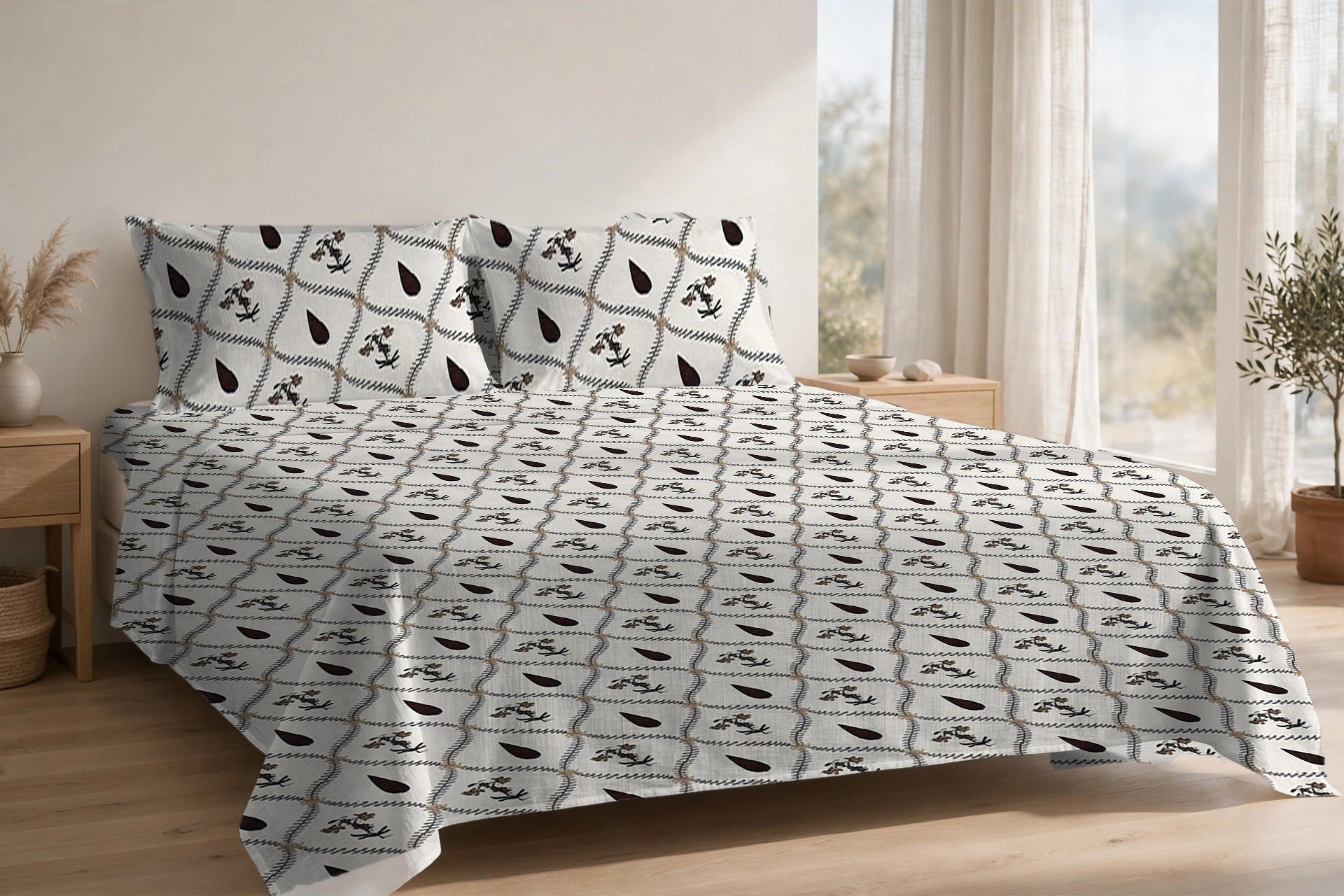Patti Jaal Kaapi cotton bedsheet on a made king bed, with matching pillow covers
