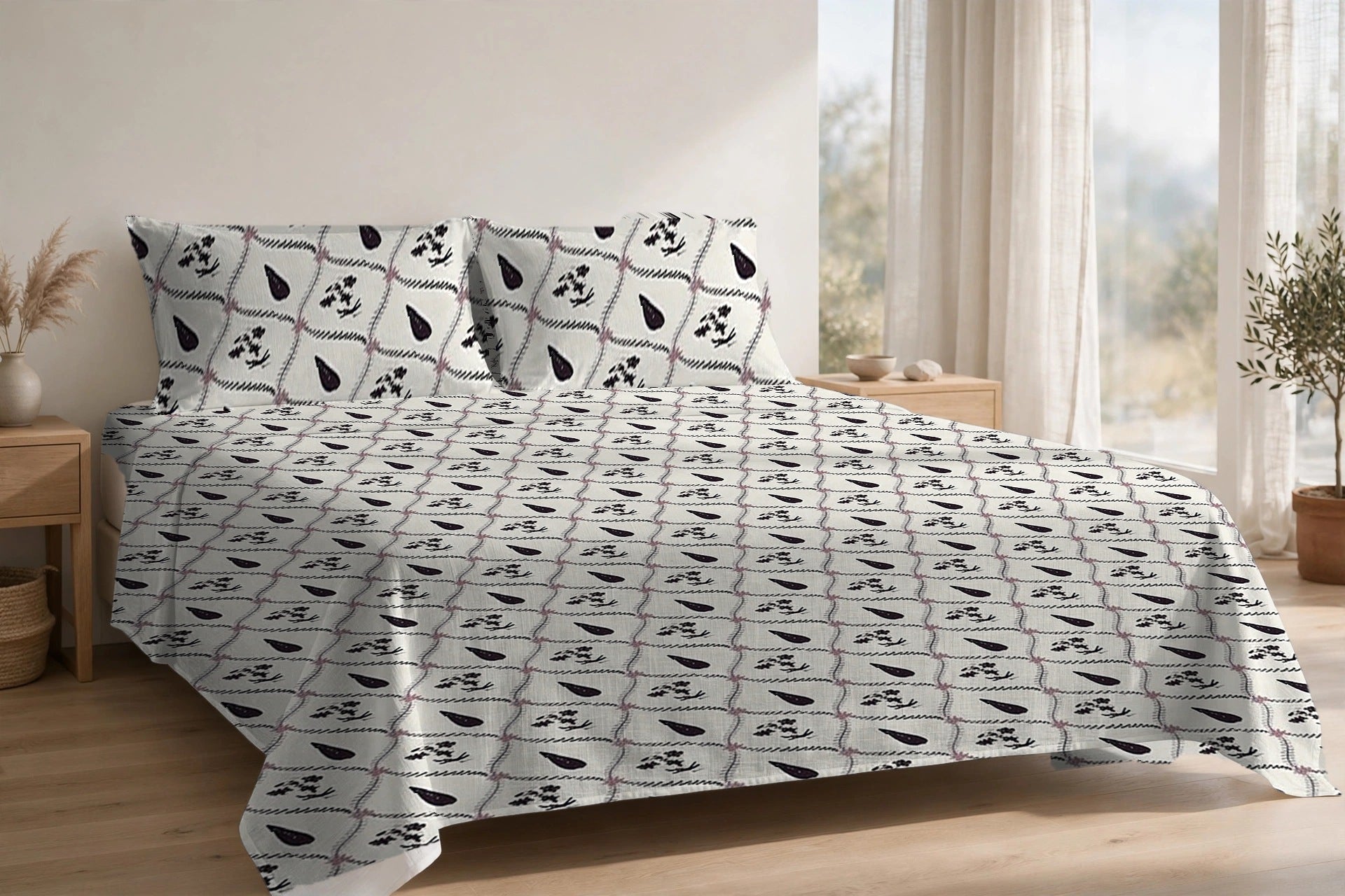 Patti Jaal Jamun cotton bedsheet on a made king bed, with matching pillow covers
