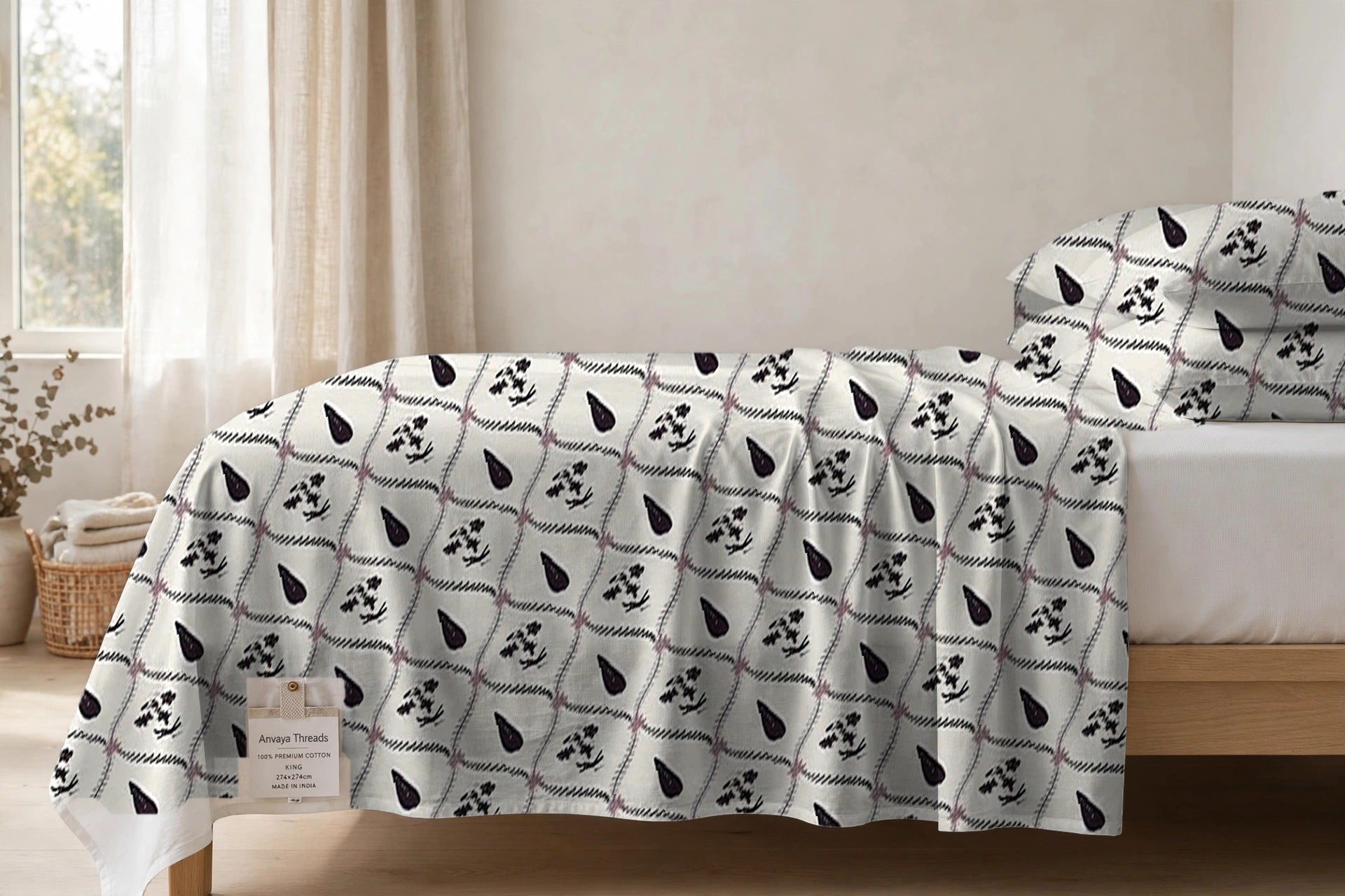 Patti Jaal Jamun bedsheet seen from the side, falling over the edge of the bed
